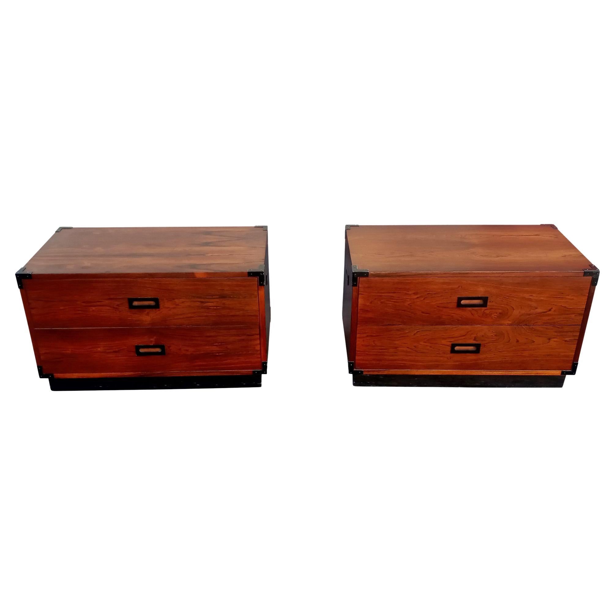 Vintage 1960s Danish, Campaign Style Rosewood 2 Drawer Nightstands End Tables