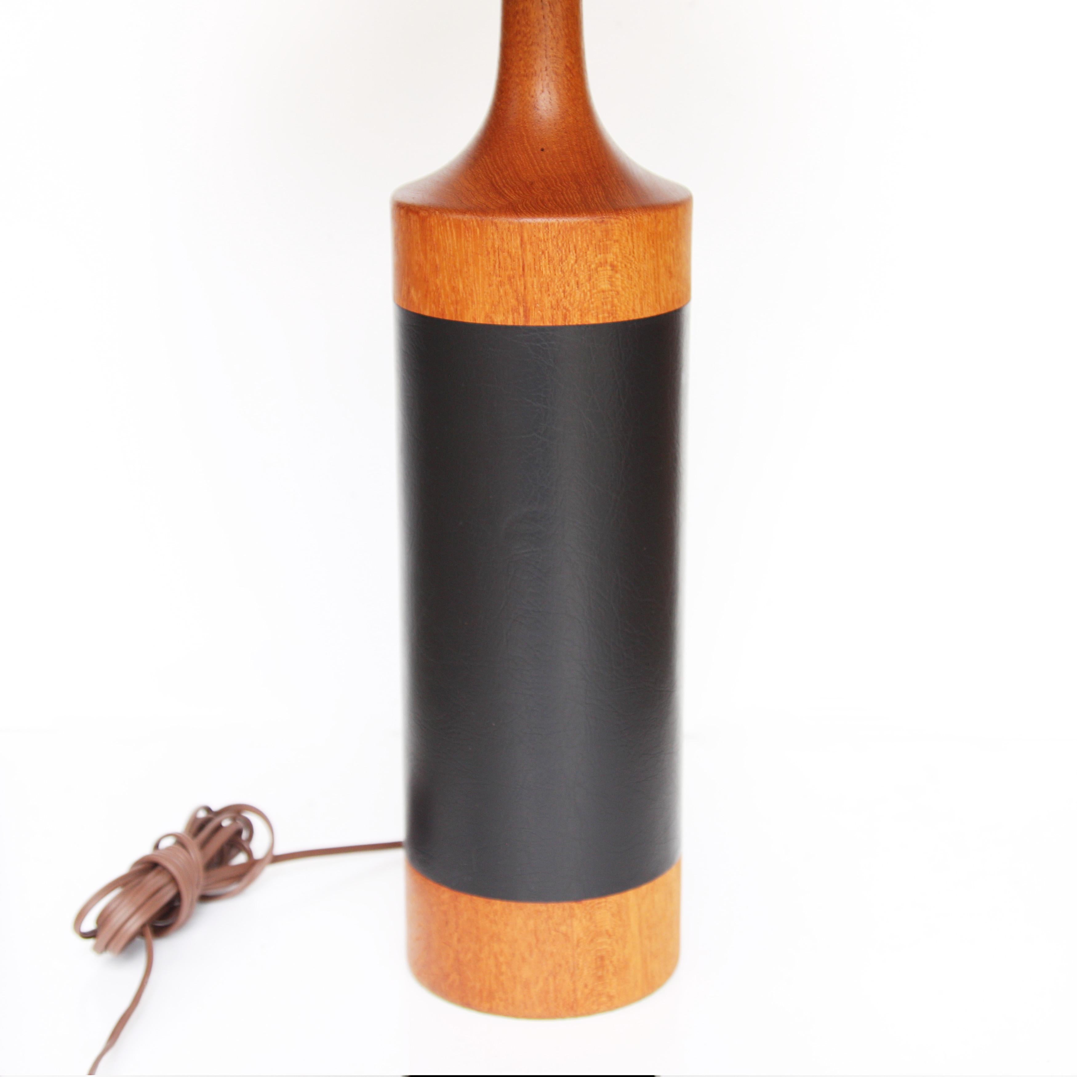 Mid-Century Modern Vintage 1960's Danish Modern Leather-Wrapped Teak Table Lamp w/ Cardboard Shade
