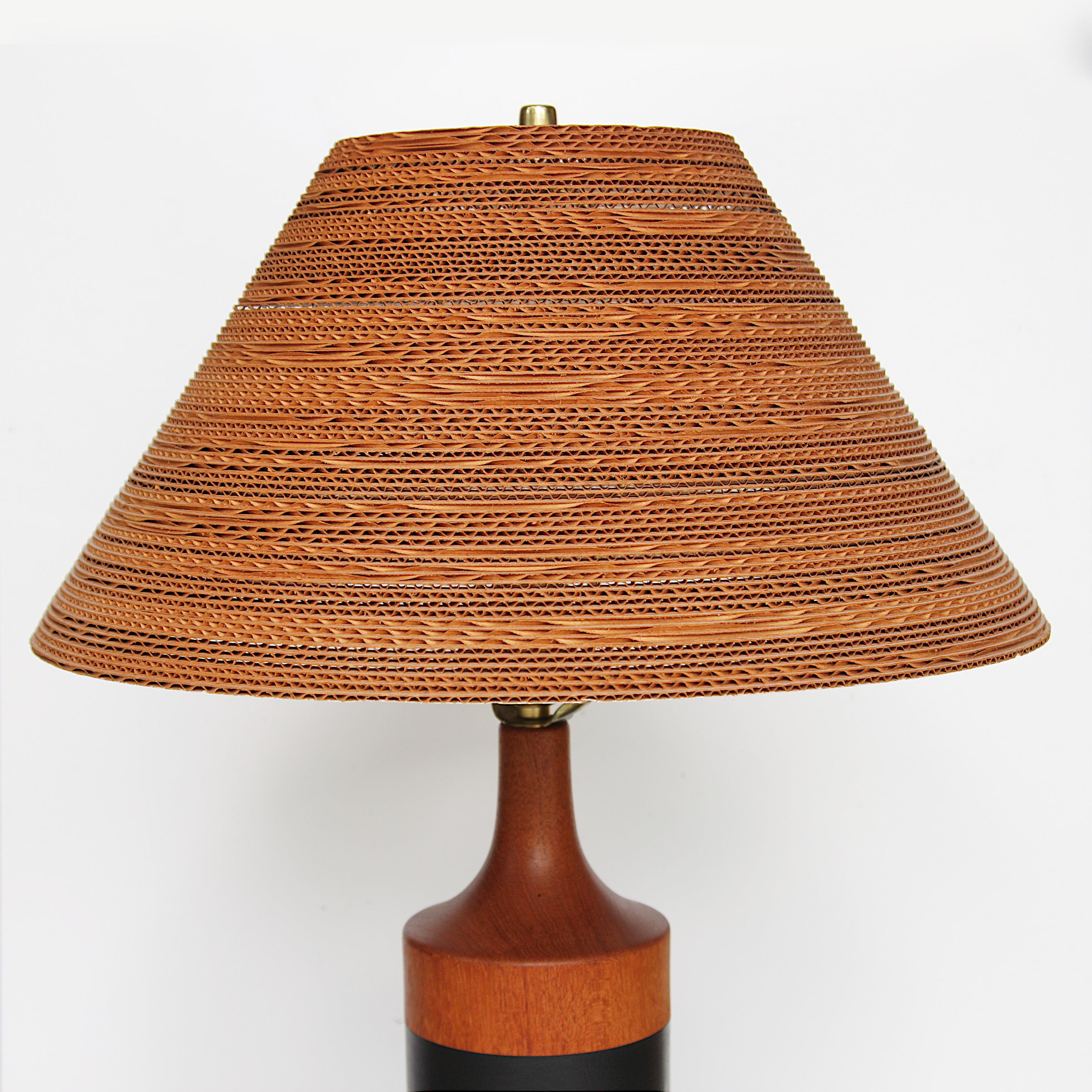 Vintage 1960's Danish Modern Leather-Wrapped Teak Table Lamp w/ Cardboard Shade In Excellent Condition In Lafayette, IN