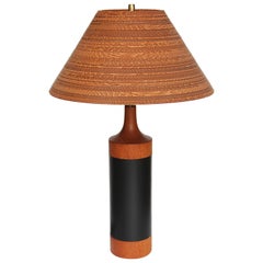 Vintage 1960's Danish Modern Leather-Wrapped Teak Table Lamp w/ Cardboard Shade