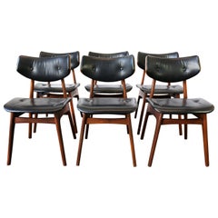 Vintage 1960s Danish Modern Set of Six Teak and Black Leather Dining Chairs