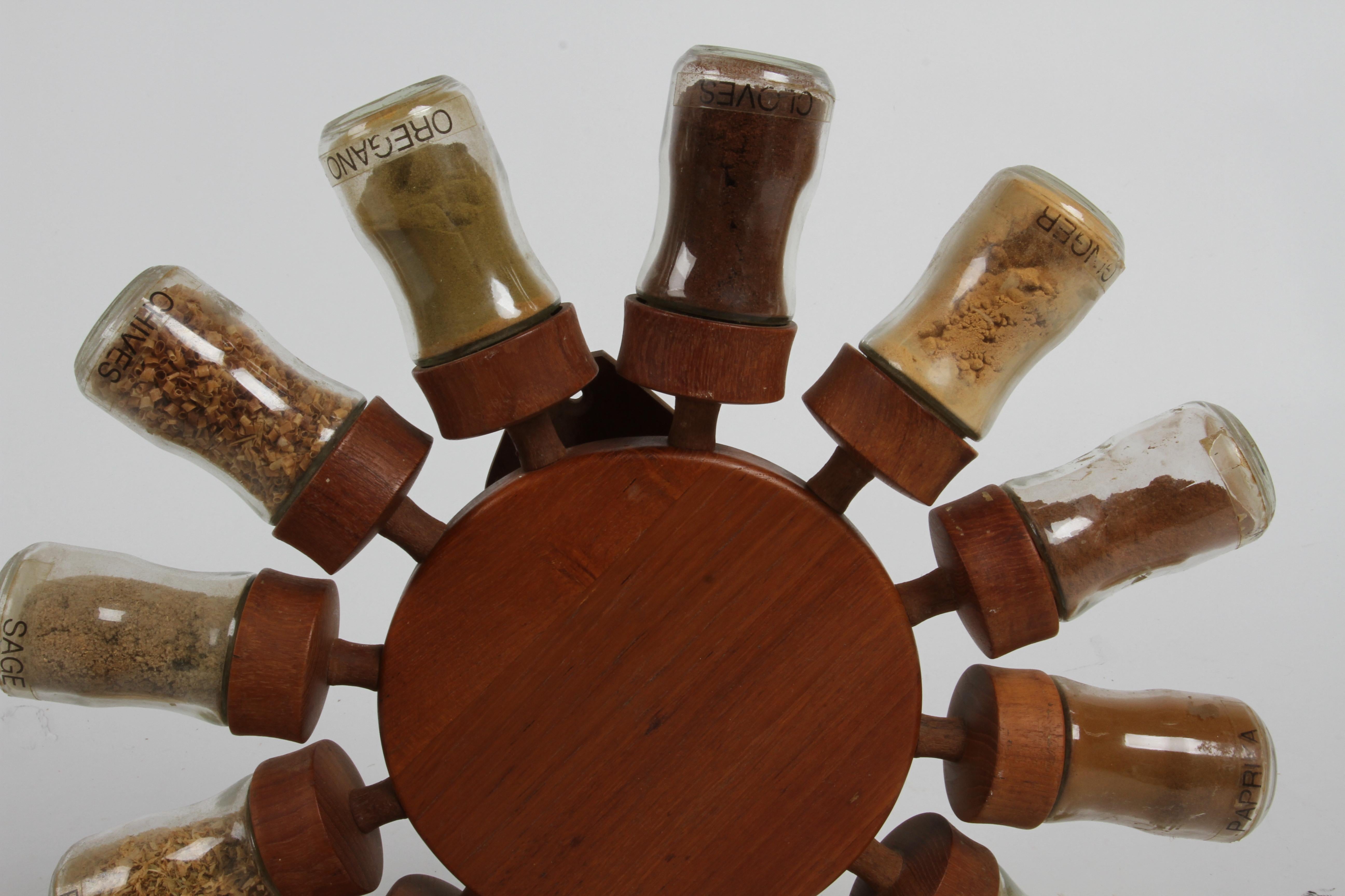 Vintage 1960s Danish Modern Teak & 12 Glass Jar Rotating Spice Wheel by Digsmed For Sale 9