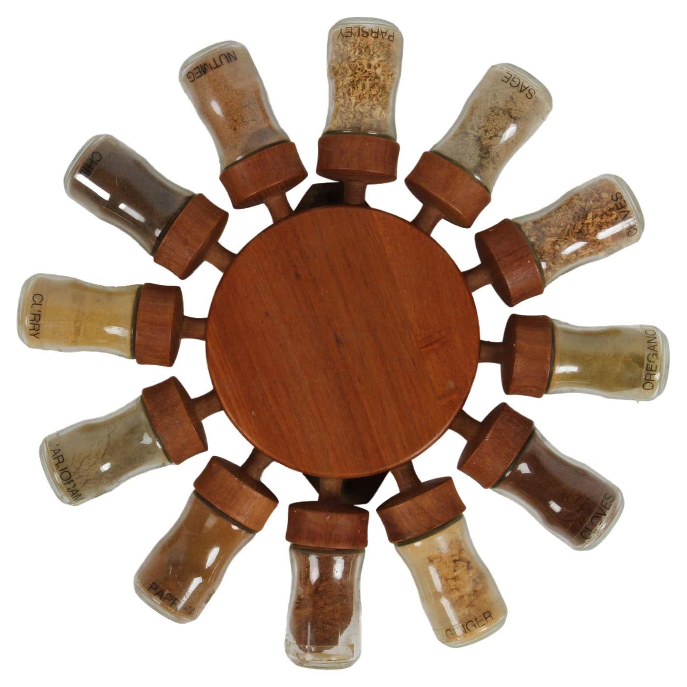 Spice Wheel Vintage 1960s Danish Modern Teak and 12 Glass Jar Rotating Spice Wheel ...