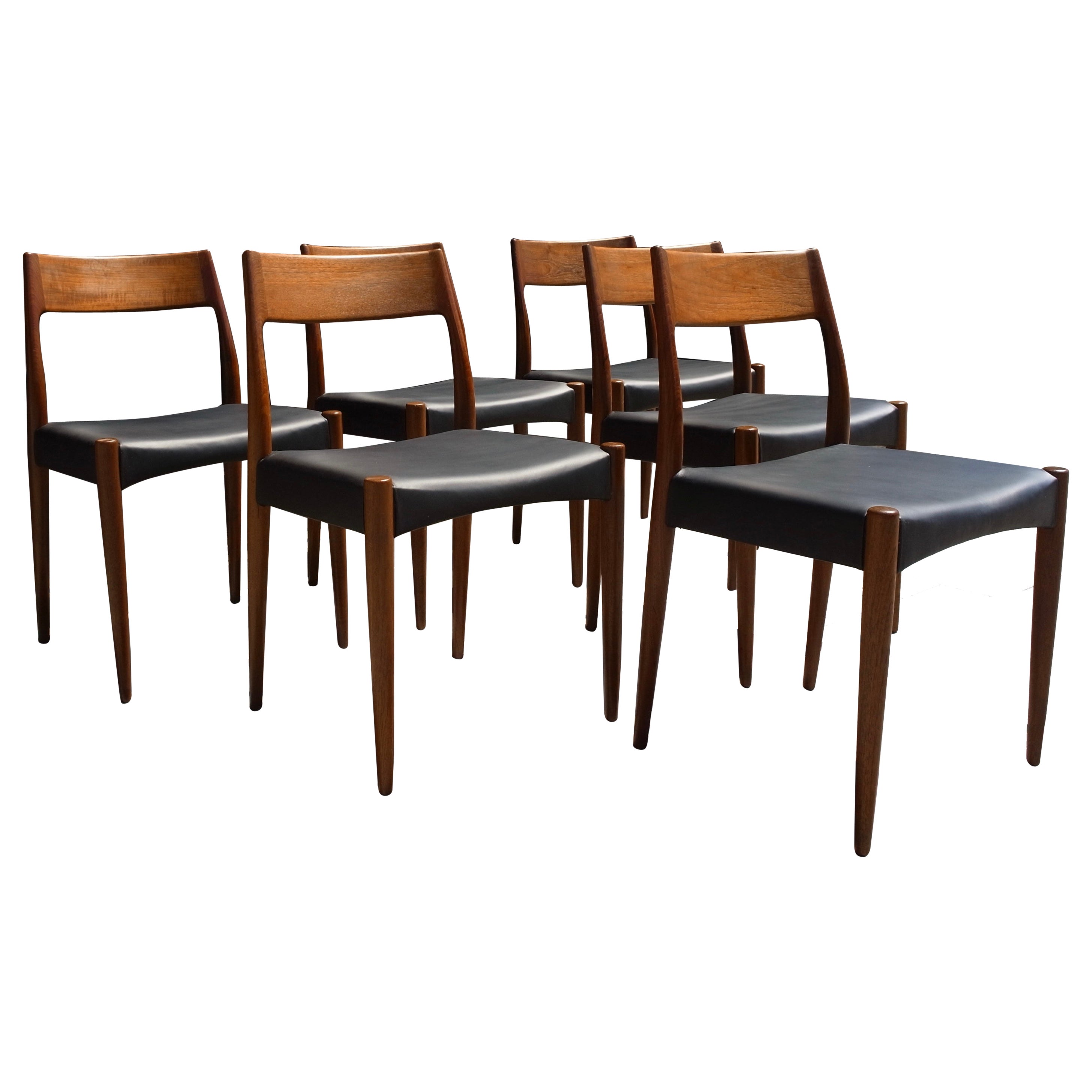 Vintage 1960s Danish Teak 
Leather Model 175 Dining Chairs by Mogens Kold For Sale