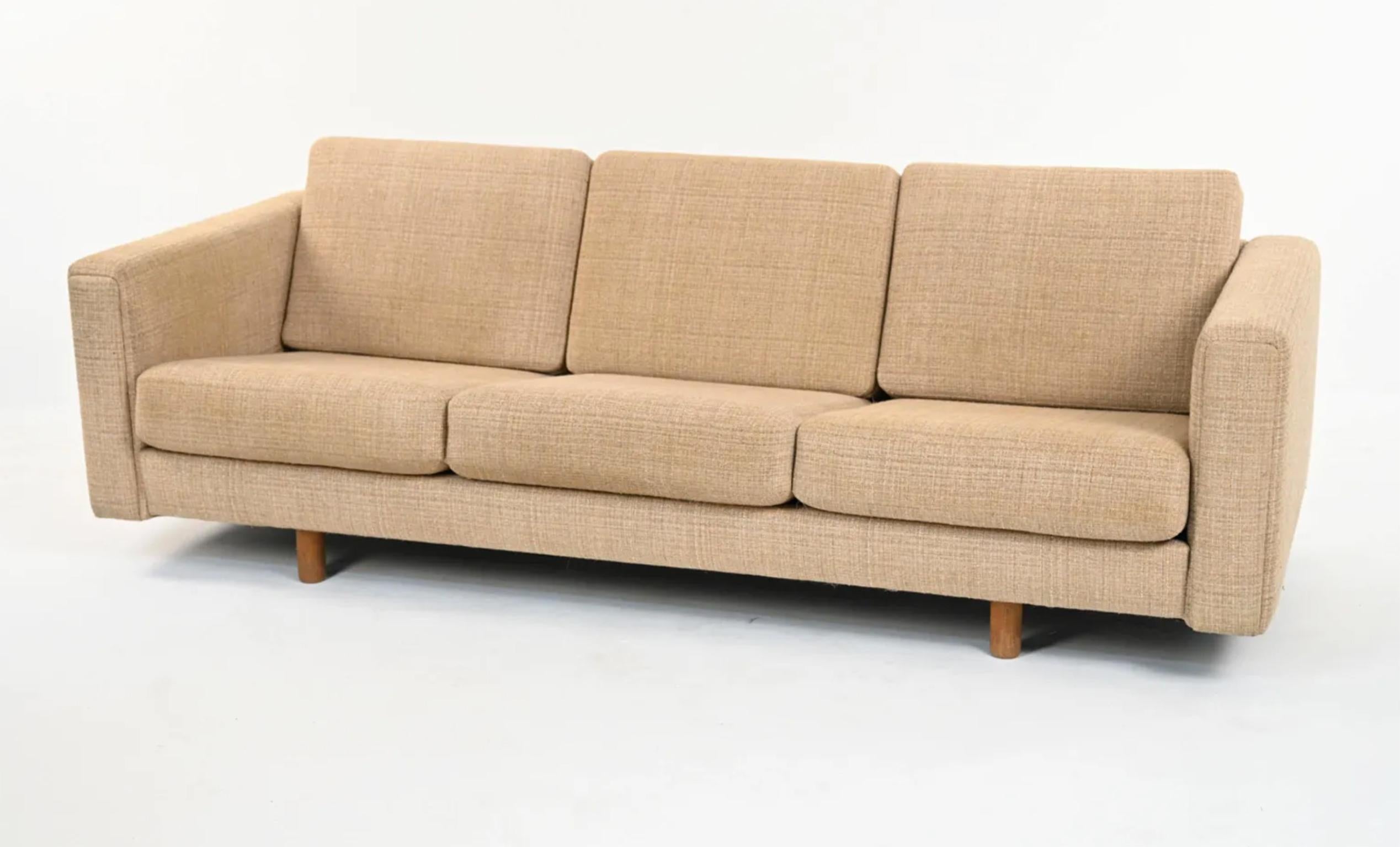 Vintage 1960s Danish three-seat sofa Rare model GE300/3 designed by Hans Wegner for GETAMA Manufacturer solid light oak solid wood frame and legs with original patina has original spring loaded cushions with original Tan Sand woven upholstery in