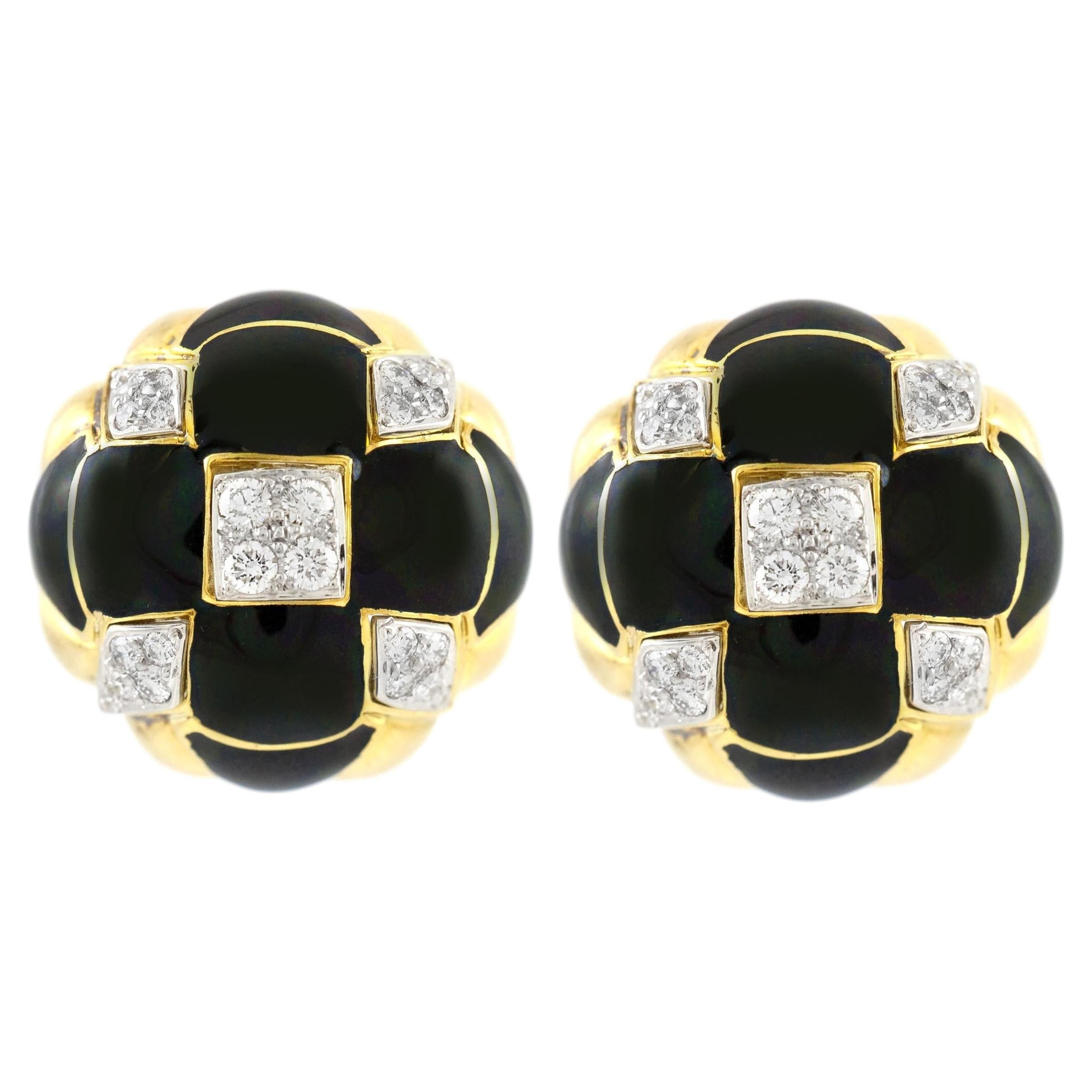 Vintage 1960er David Webb Ohrringe mit schwarzer Emaille und Diamanten