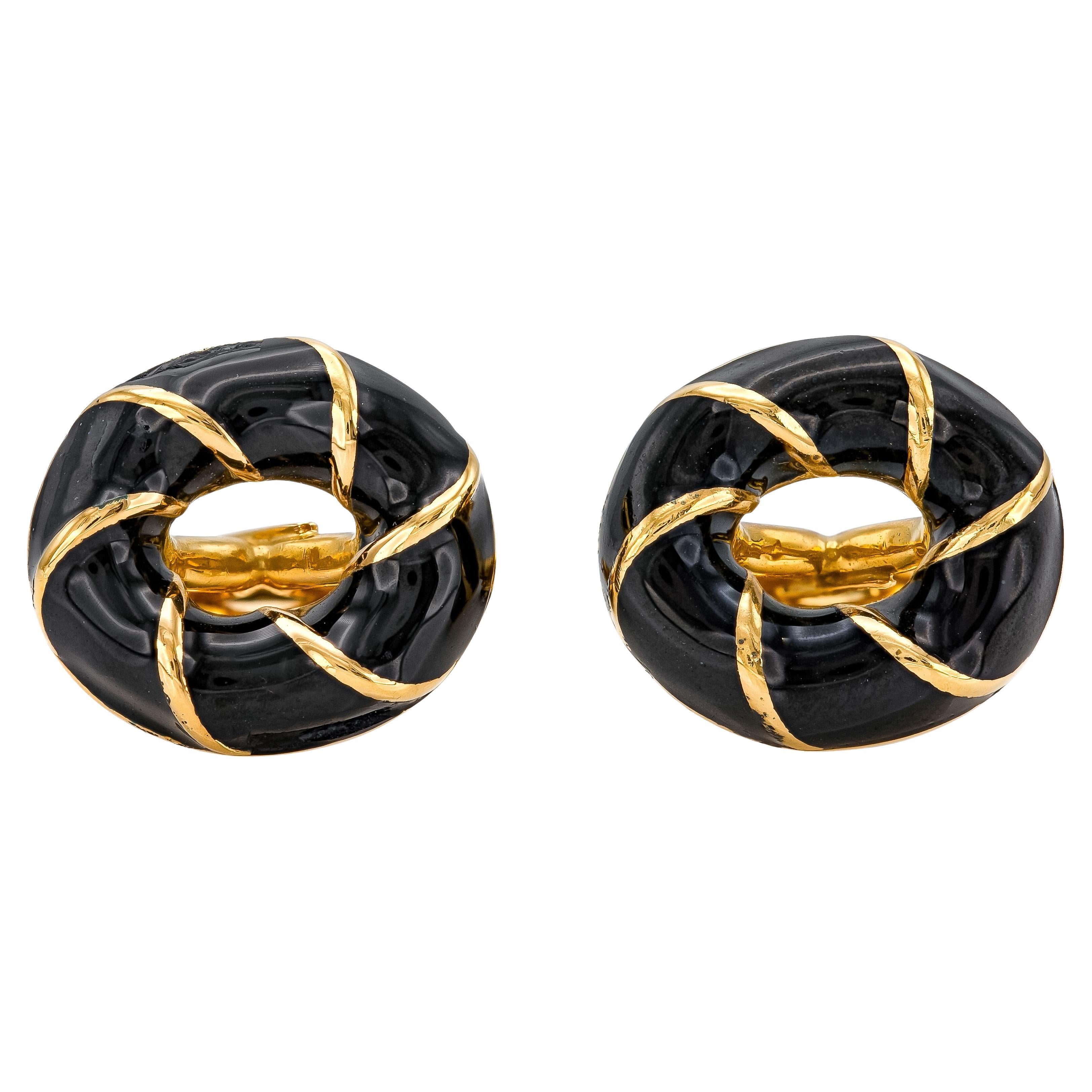 Vintage 1960s David Webb Black Enamel Cufflinks For Sale