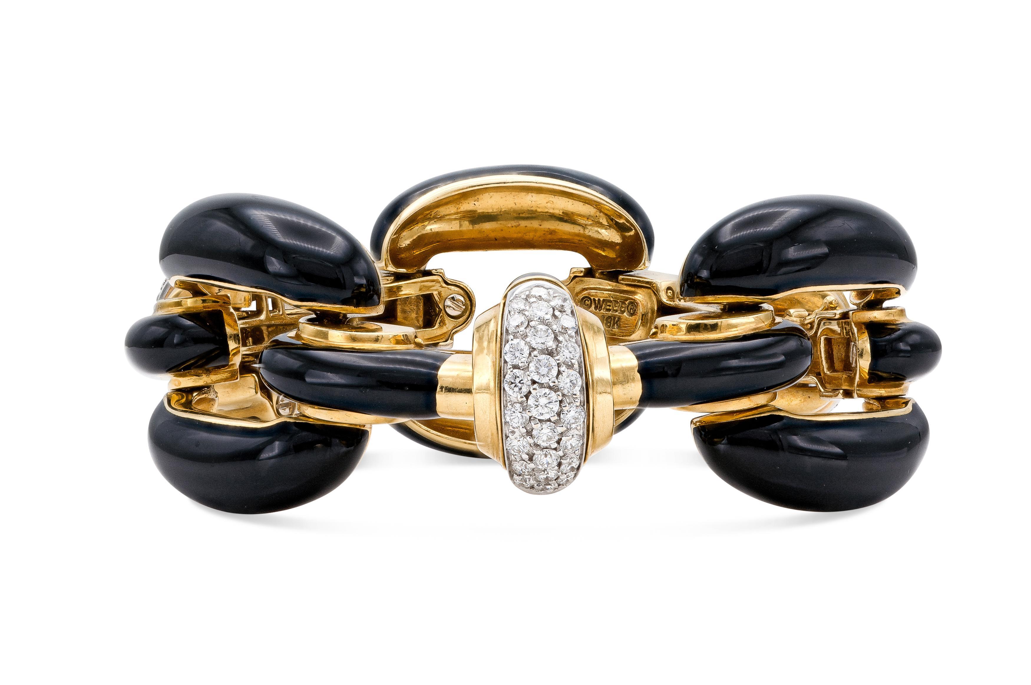 Round Cut Vintage 1960s David Webb Black Enamel Link Bracelet with Diamonds For Sale