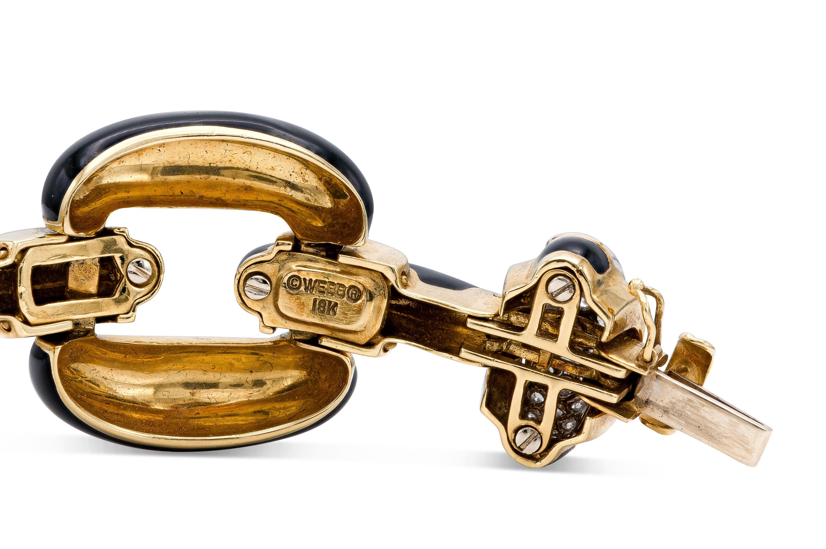 Vintage 1960s David Webb Black Enamel Link Bracelet with Diamonds In Good Condition For Sale In New York, NY