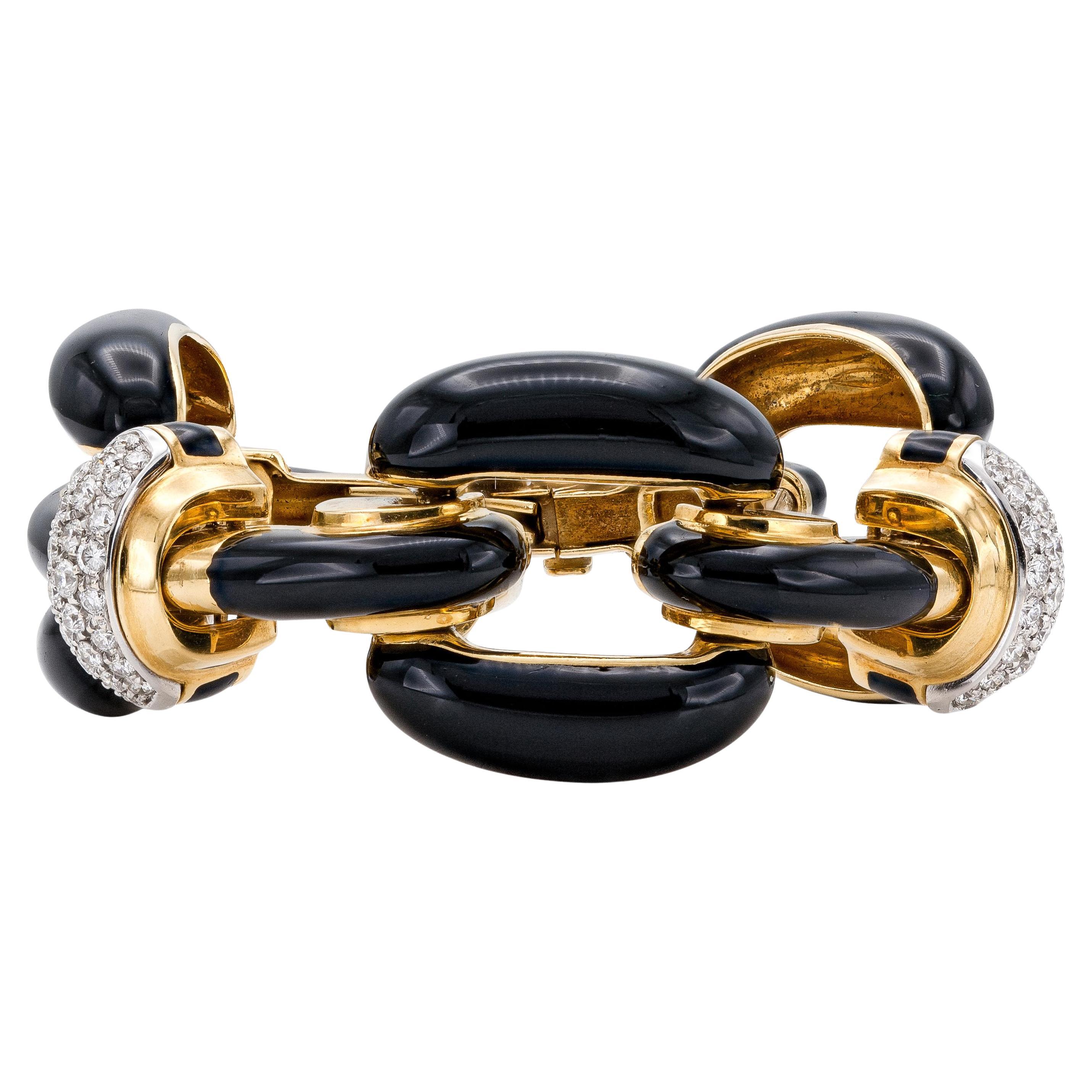 Vintage 1960s David Webb Black Enamel Link Bracelet with Diamonds For Sale