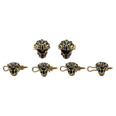 Vintage 1960s David Webb Black Lion Stud Set with Cabochon Rubies