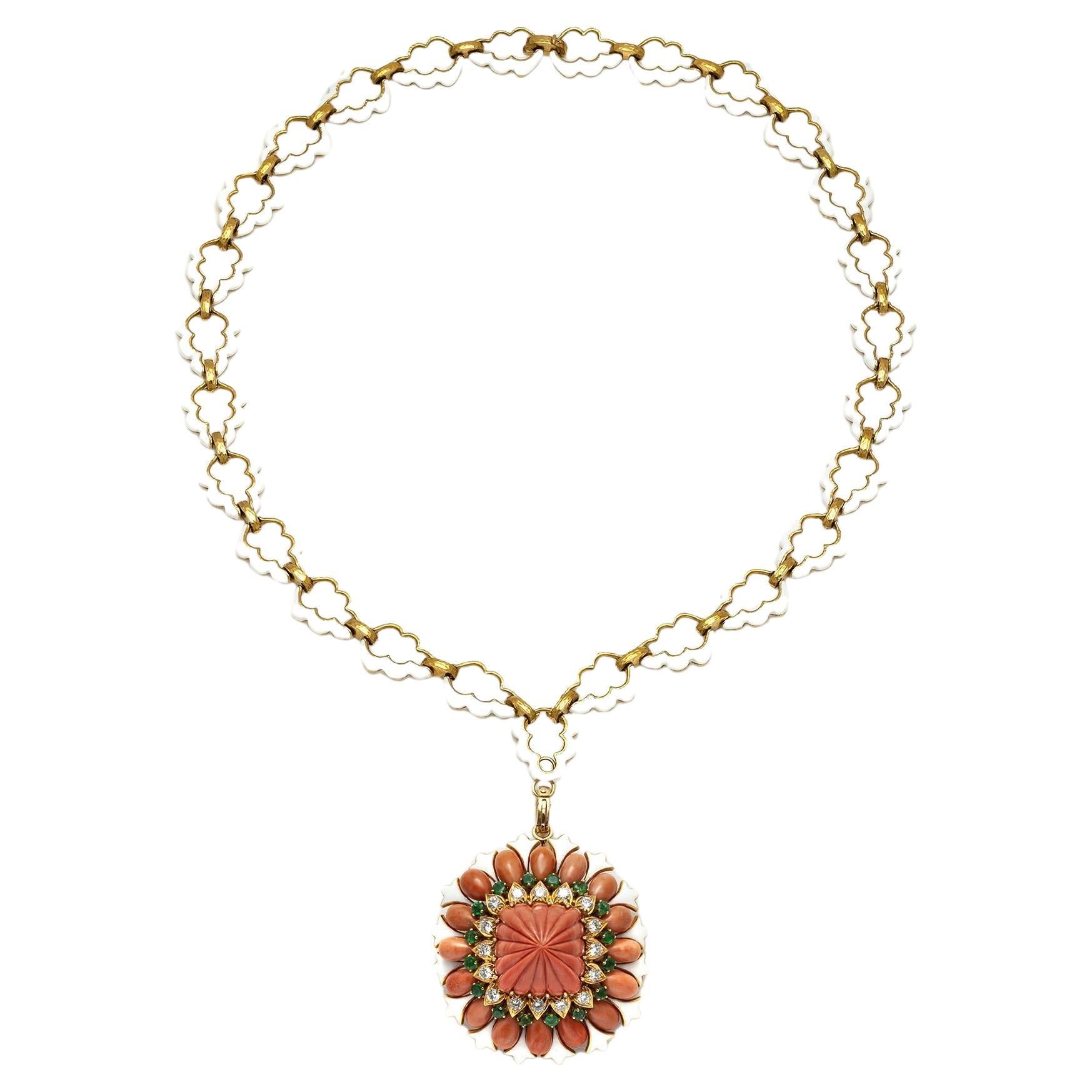 Vintage 1960s David Webb Carved Coral Brooch Pendant Sautoir Necklace