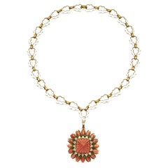 Vintage 1960s David Webb Carved Coral Brooch Pendant Sautoir Necklace