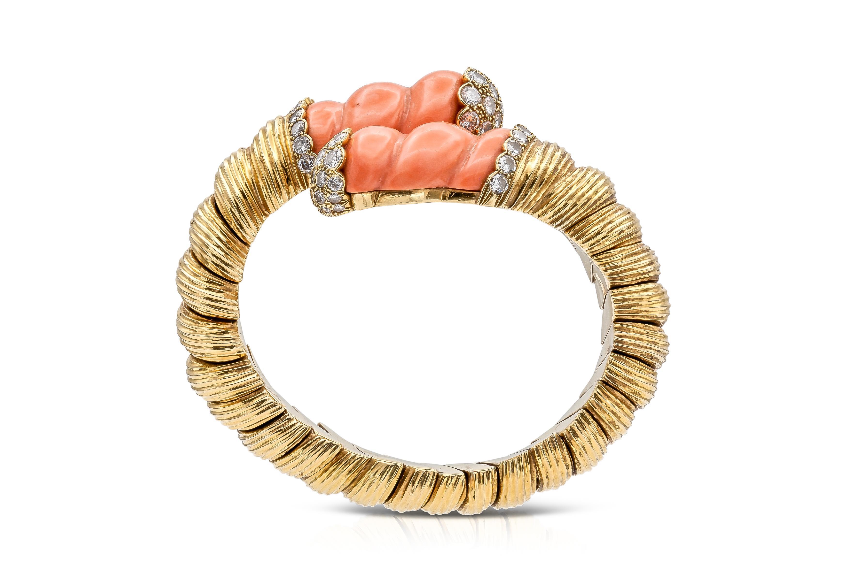 Round Cut Vintage 1960s David Webb Carved Coral Diamonds and Gold Bypass Cuff Bracelet For Sale