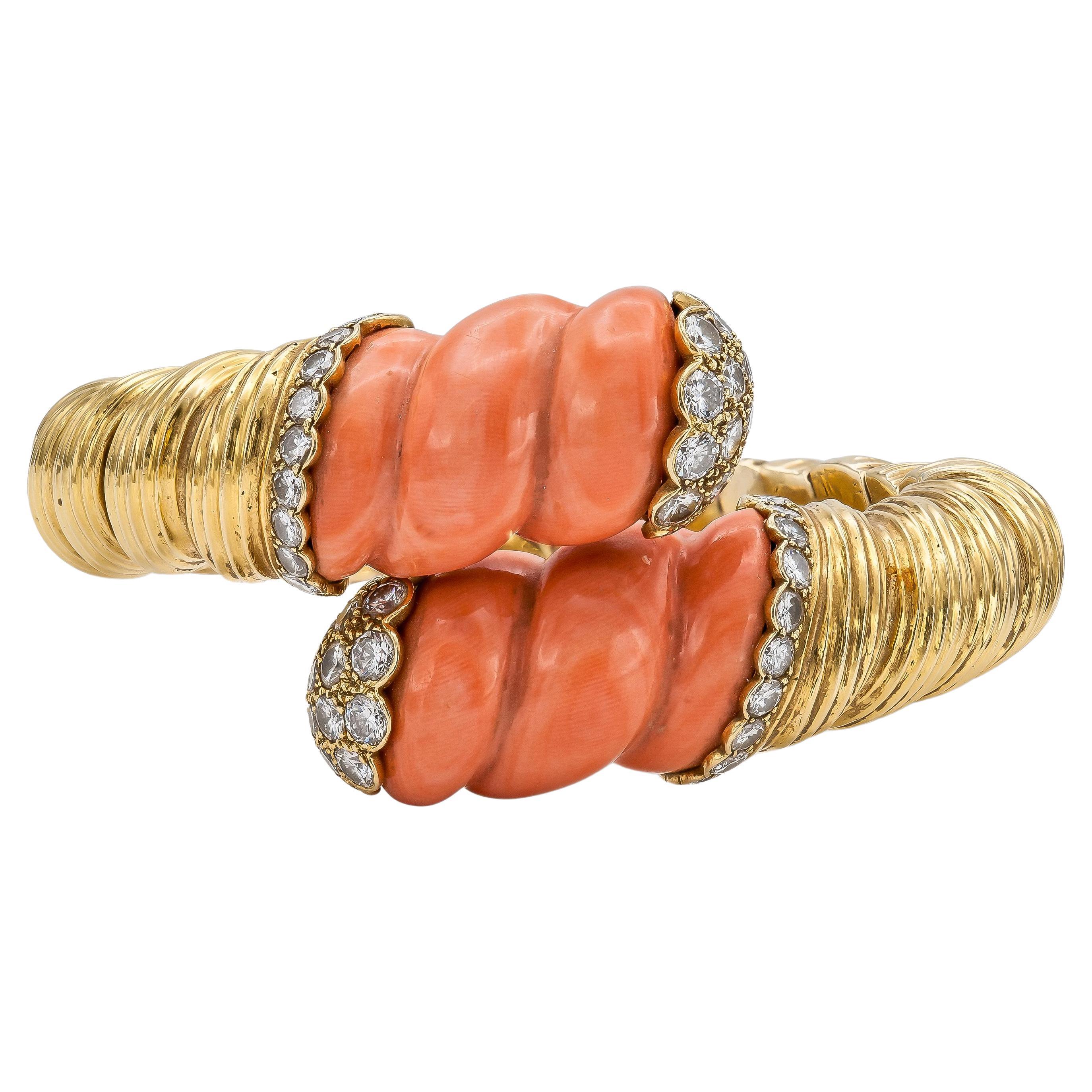 Vintage 1960s David Webb Carved Coral Diamonds and Gold Bypass Cuff Bracelet For Sale