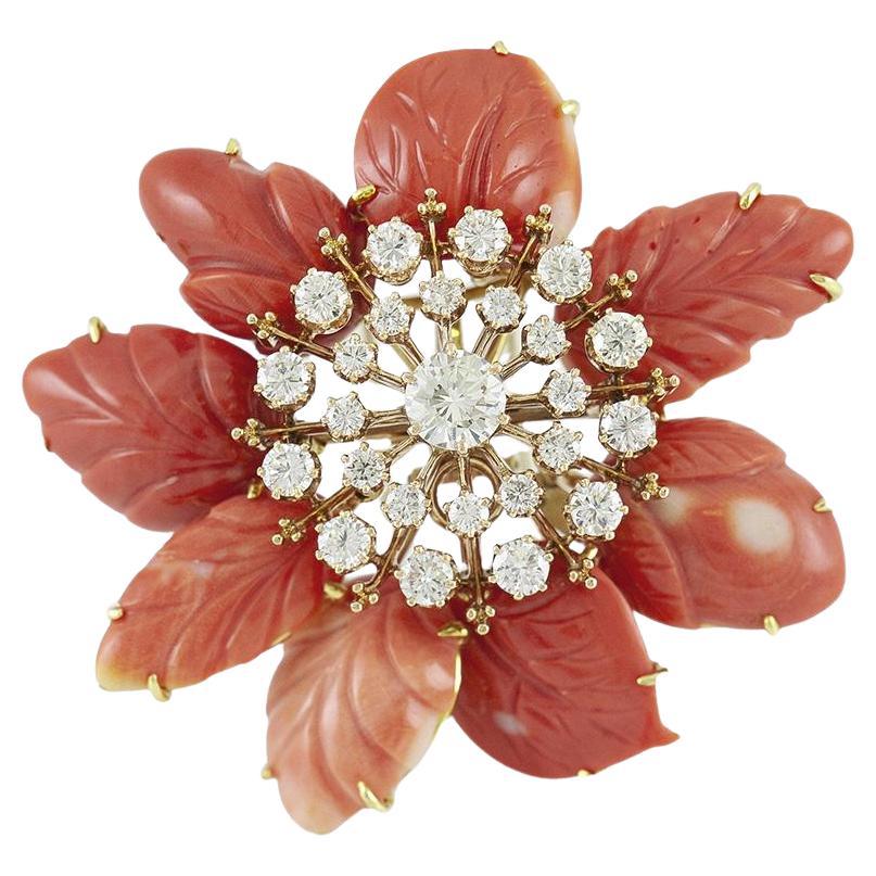 Vintage 1960s David Webb Coral Flower Pin with Diamonds