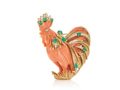 Vintage 1960s David Webb Coral Rooster Brooch with Emeralds and Diamonds