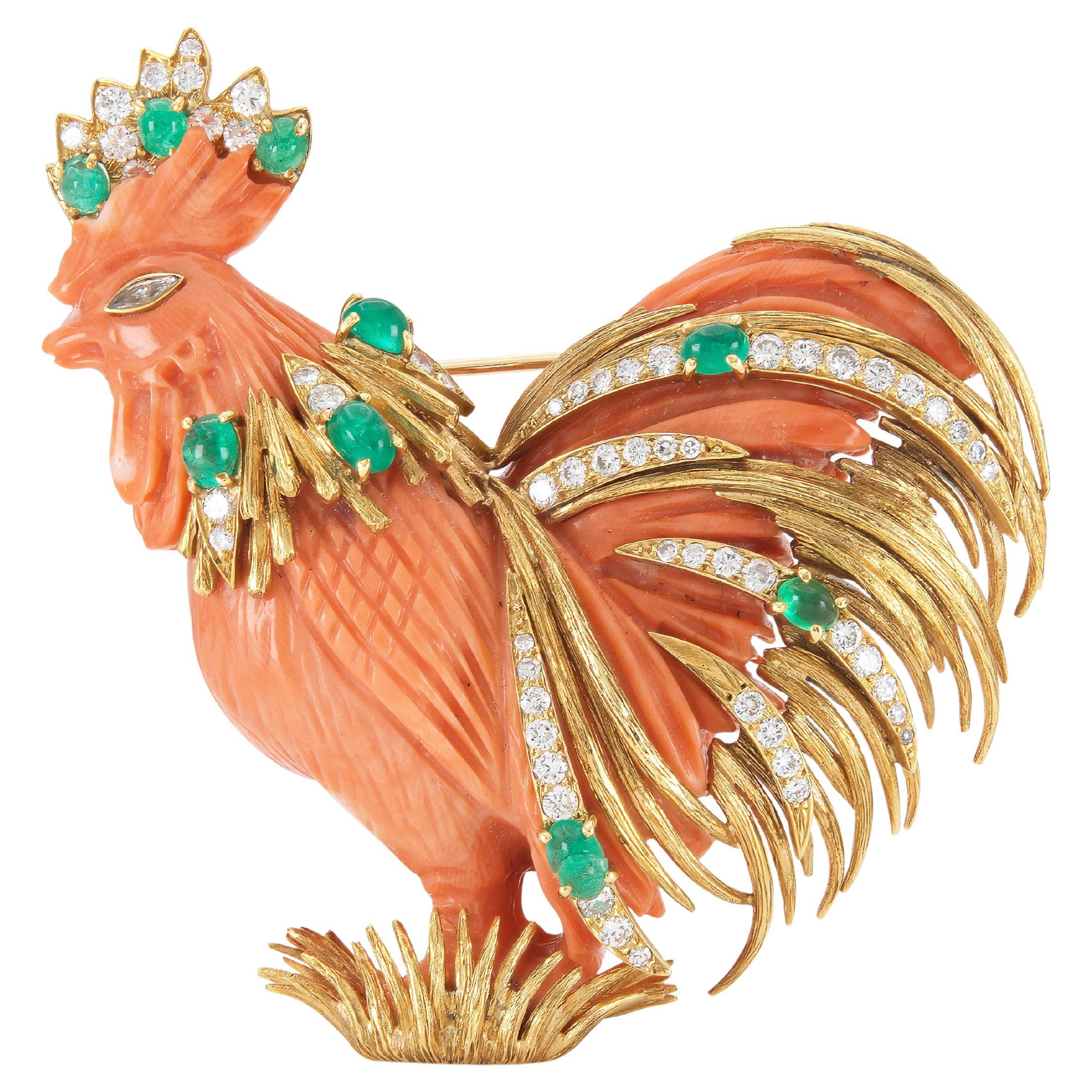 Vintage 1960s David Webb Coral Rooster Brooch with Emeralds and Diamonds