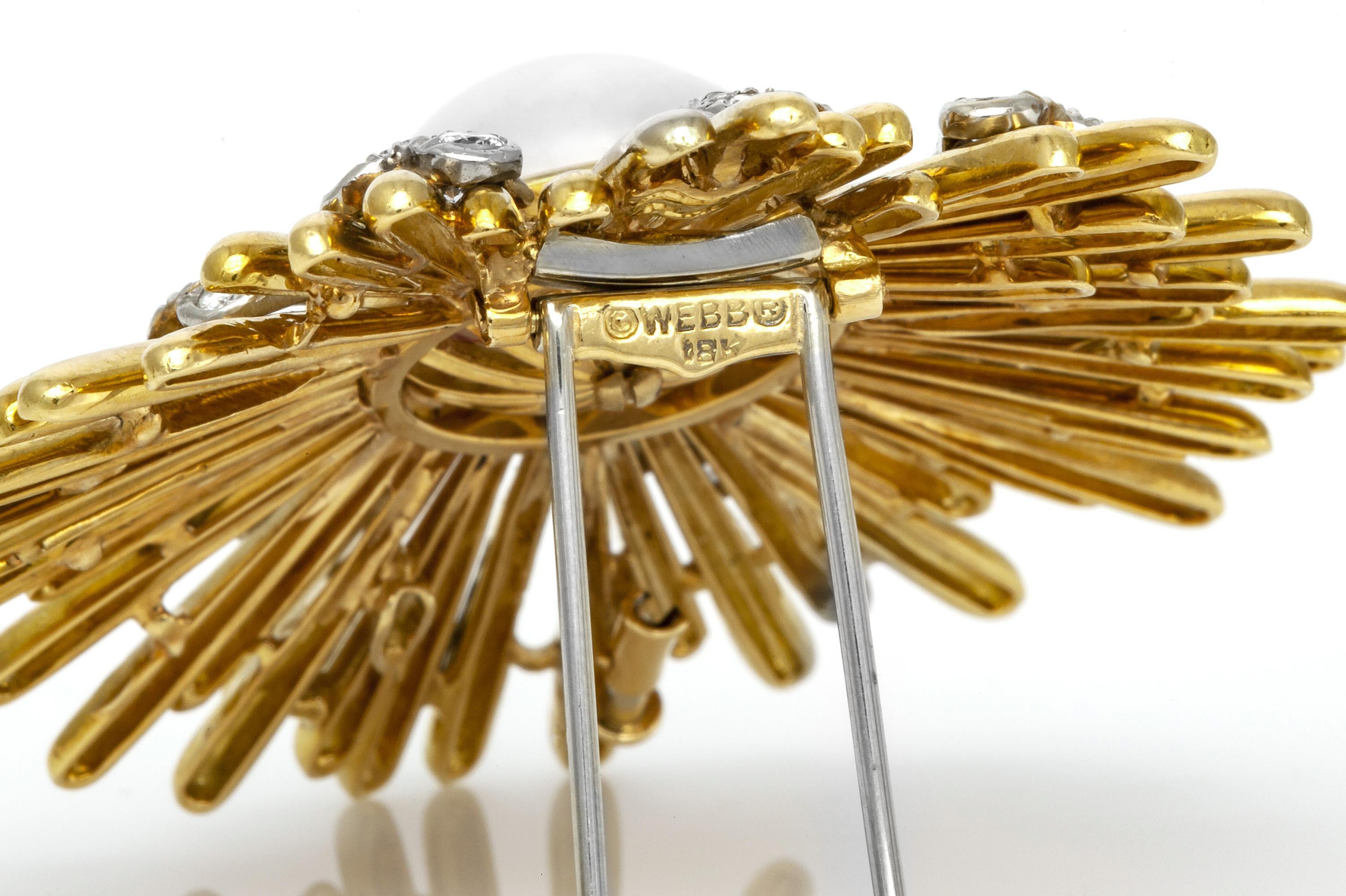 Vintage 1960er Jahre David Webb Gold- und Perlen-Sonnenbrosche mit Diamantherzen (Cabochon) im Angebot