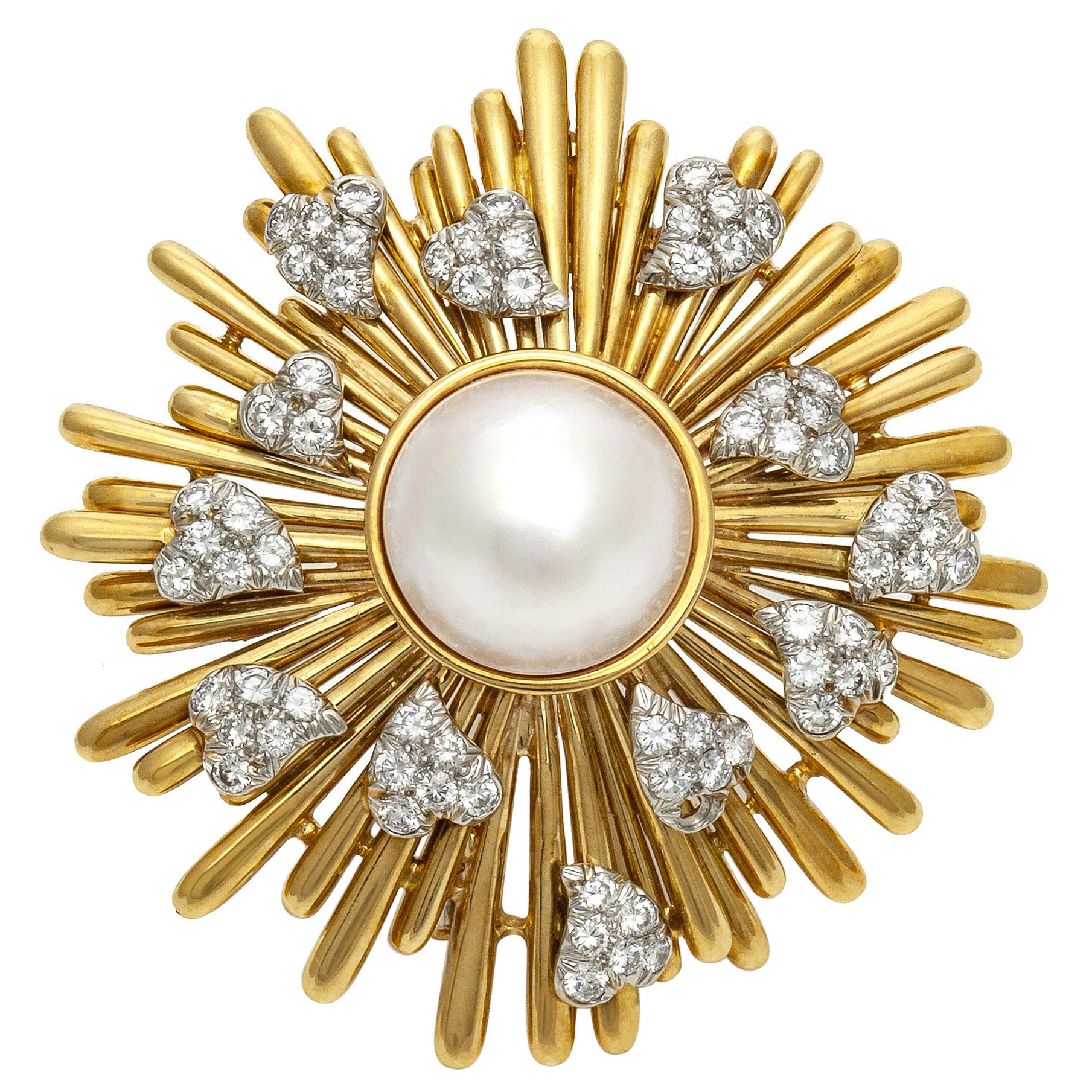 Vintage 1960er Jahre David Webb Gold- und Perlen-Sonnenbrosche mit Diamantherzen im Angebot