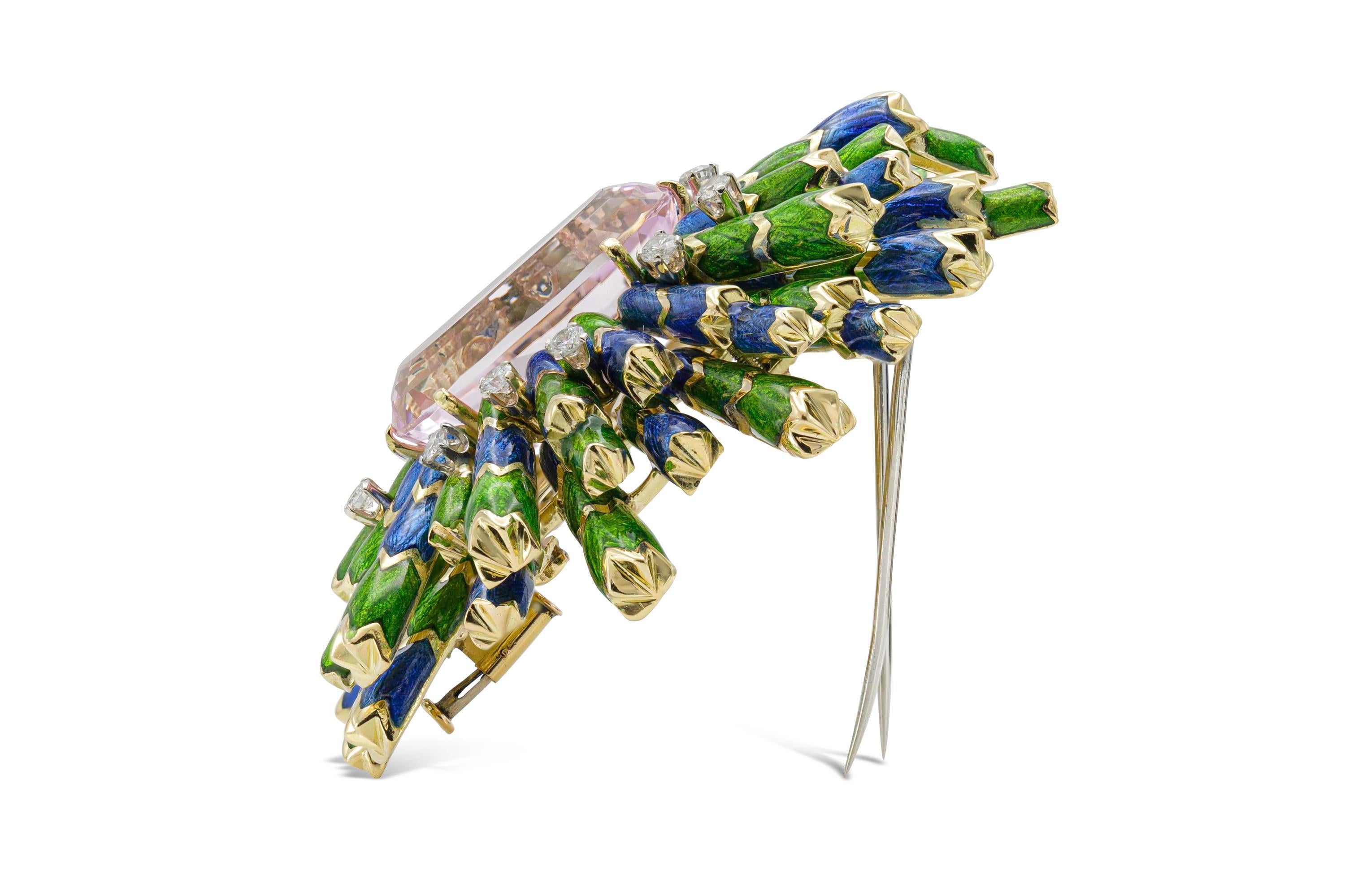 Round Cut Vintage 1960s David Webb Kunzite Diamond and Enamel Brooch For Sale