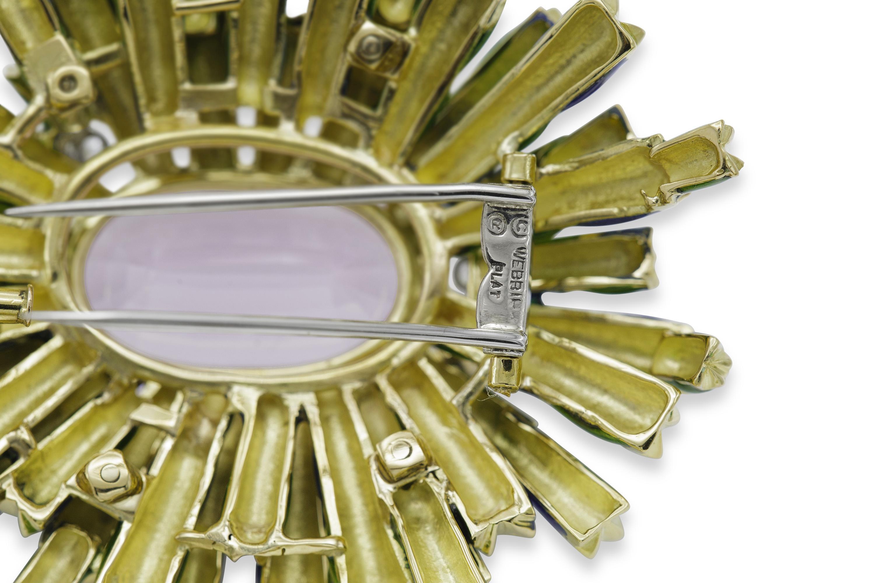 Vintage 1960s David Webb Kunzite Diamond and Enamel Brooch In Good Condition For Sale In New York, NY