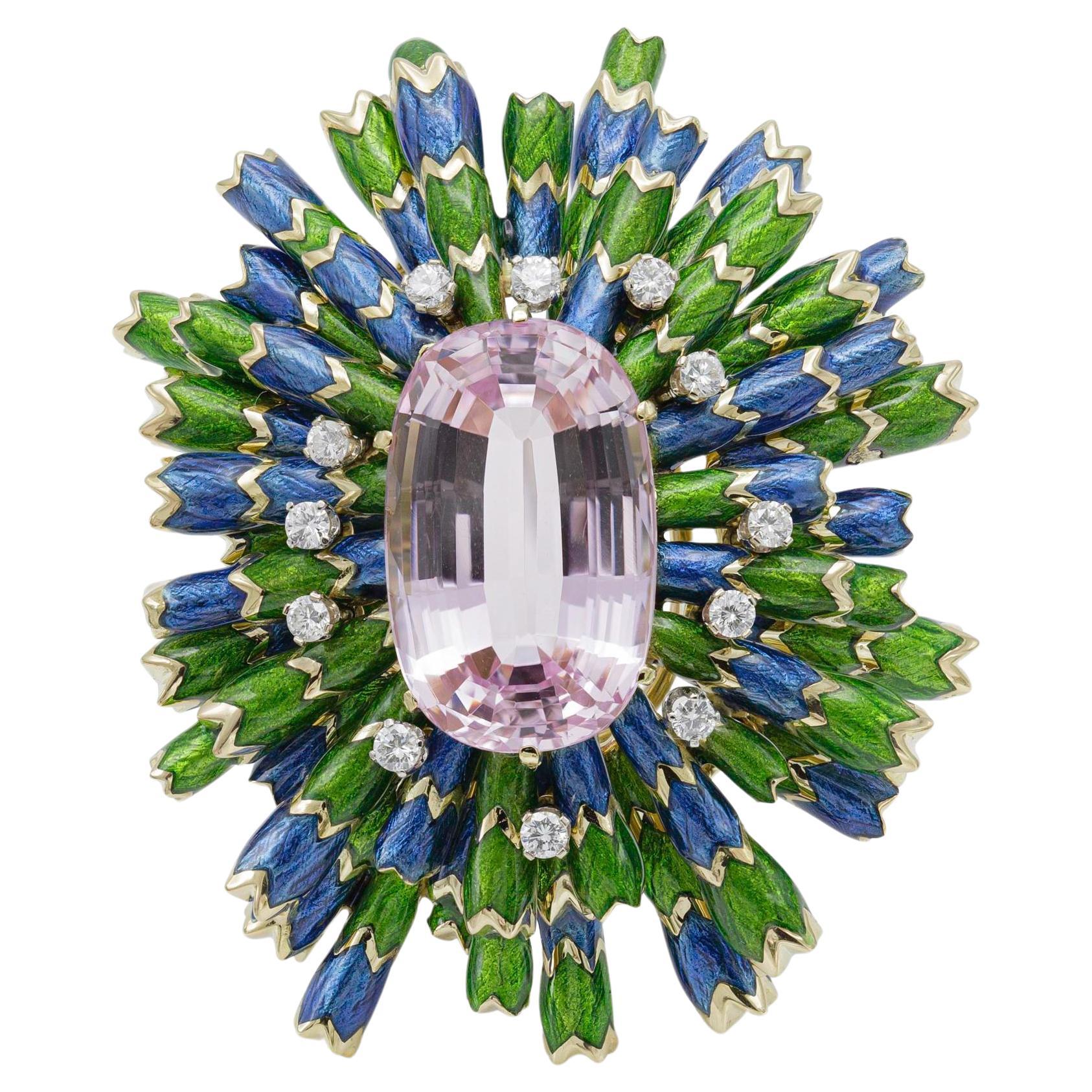 Vintage 1960s David Webb Kunzite Diamond and Enamel Brooch