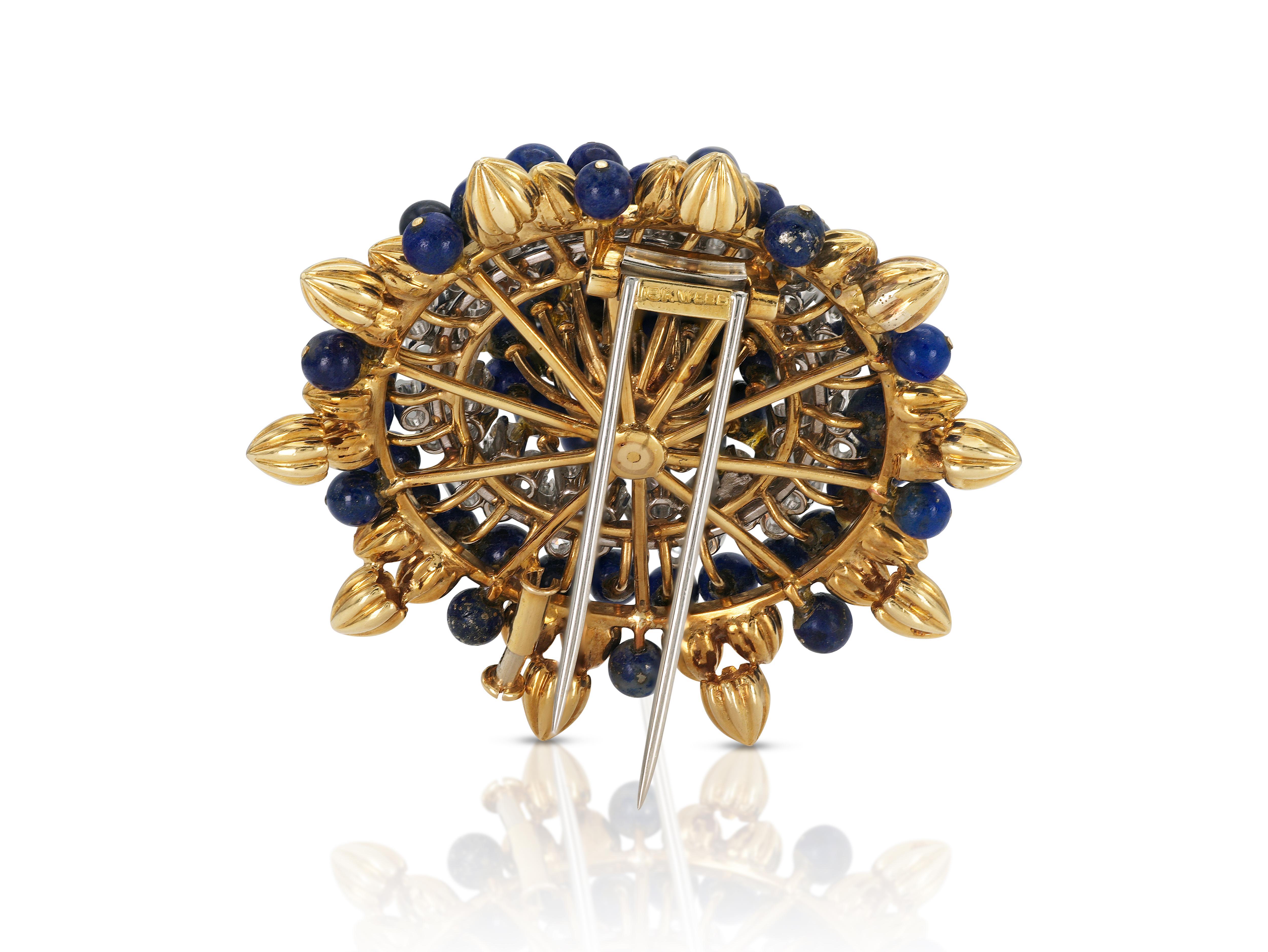 Vintage 1960s David Webb Lapis, Diamond & Gold Brooch In Good Condition For Sale In New York, NY