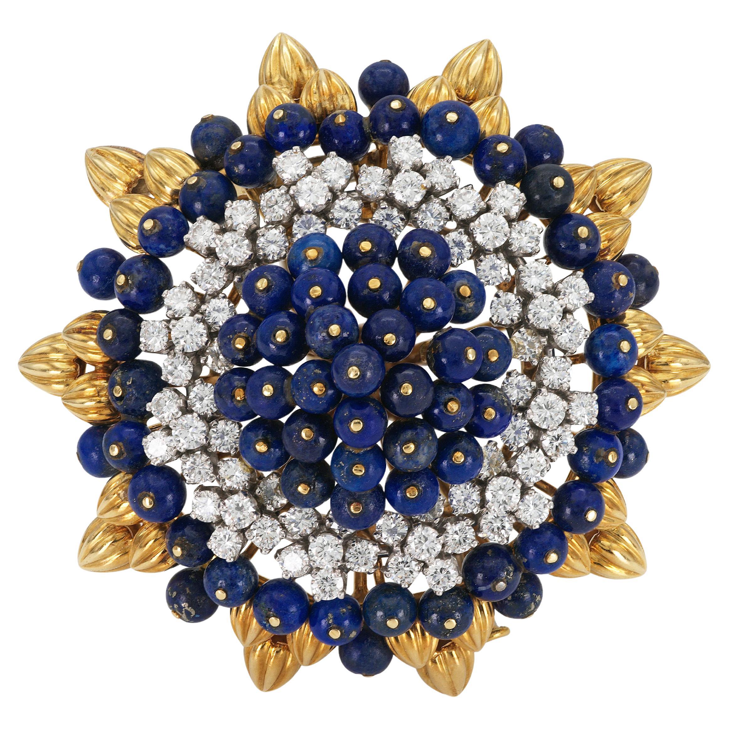 Vintage 1960s David Webb Lapis, Diamond & Gold Brooch For Sale