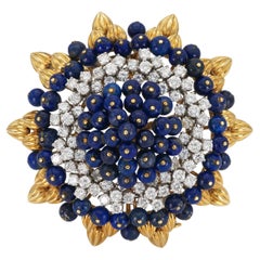 David Webb Broche vintage des années 1960 en lapis, diamants et or