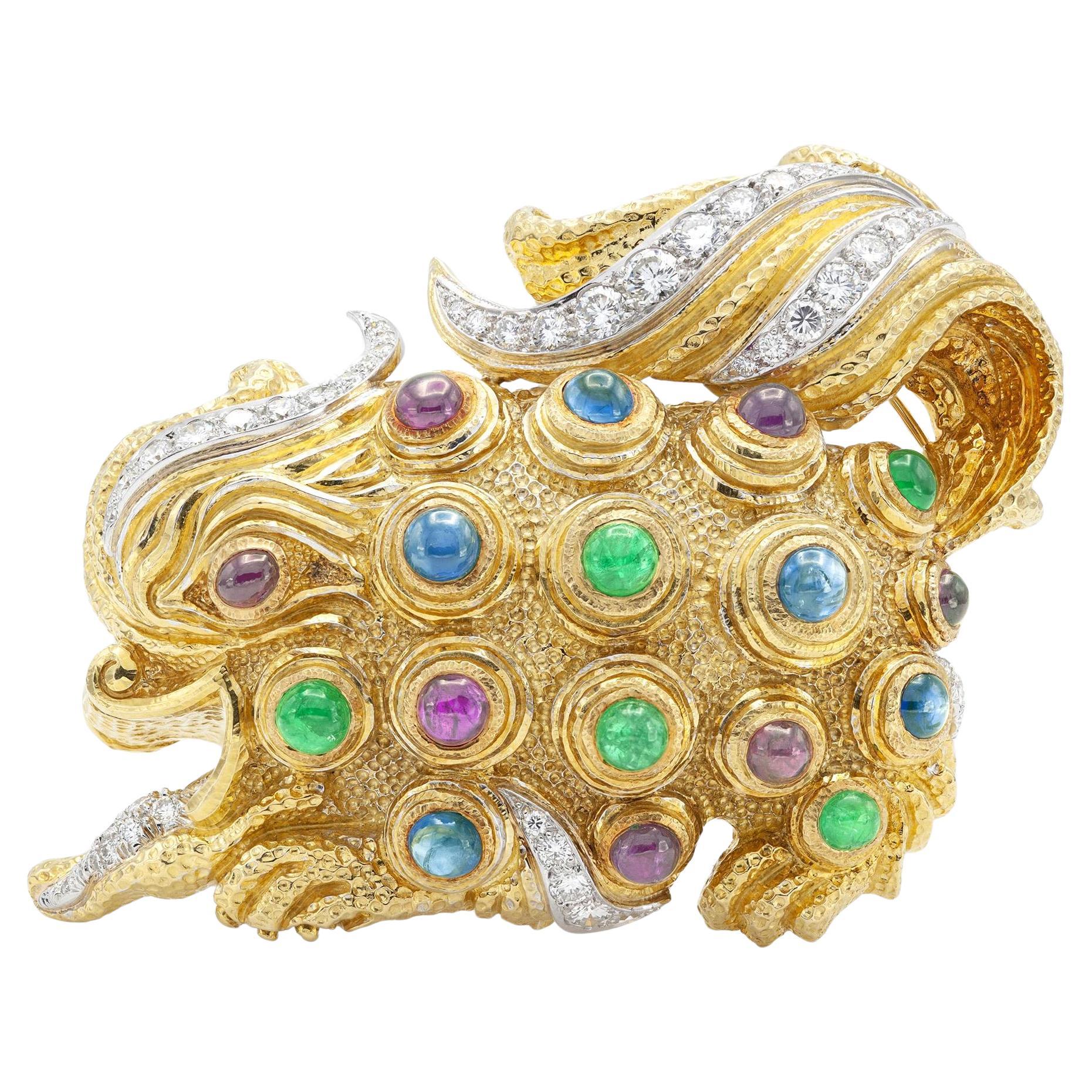 Vintage 1960s David Webb Multi-Gem Fu Dog Brooch