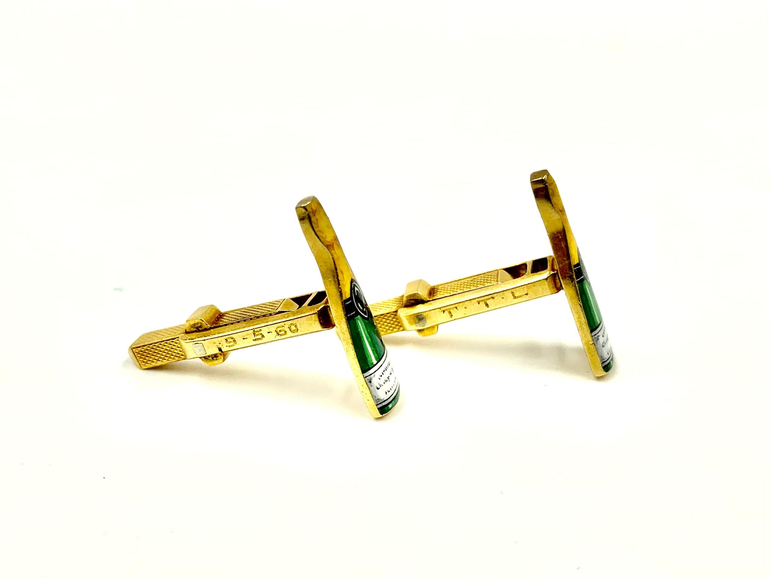 Vintage 1960's Deakin & Francis 18K Gold Enamel Champagne Bottle Cufflinks In Good Condition For Sale In New York, NY