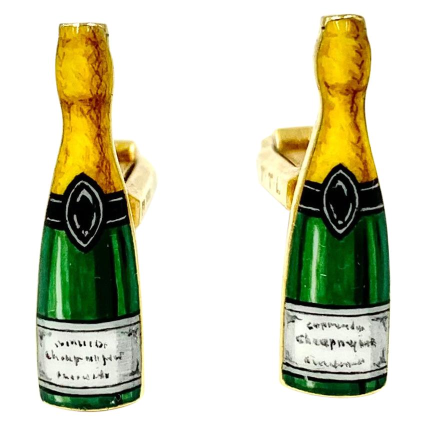 Estate Deakin & Francis 18K Yellow Gold Enamel Champagne Bottle Cufflinks, 1960' For Sale