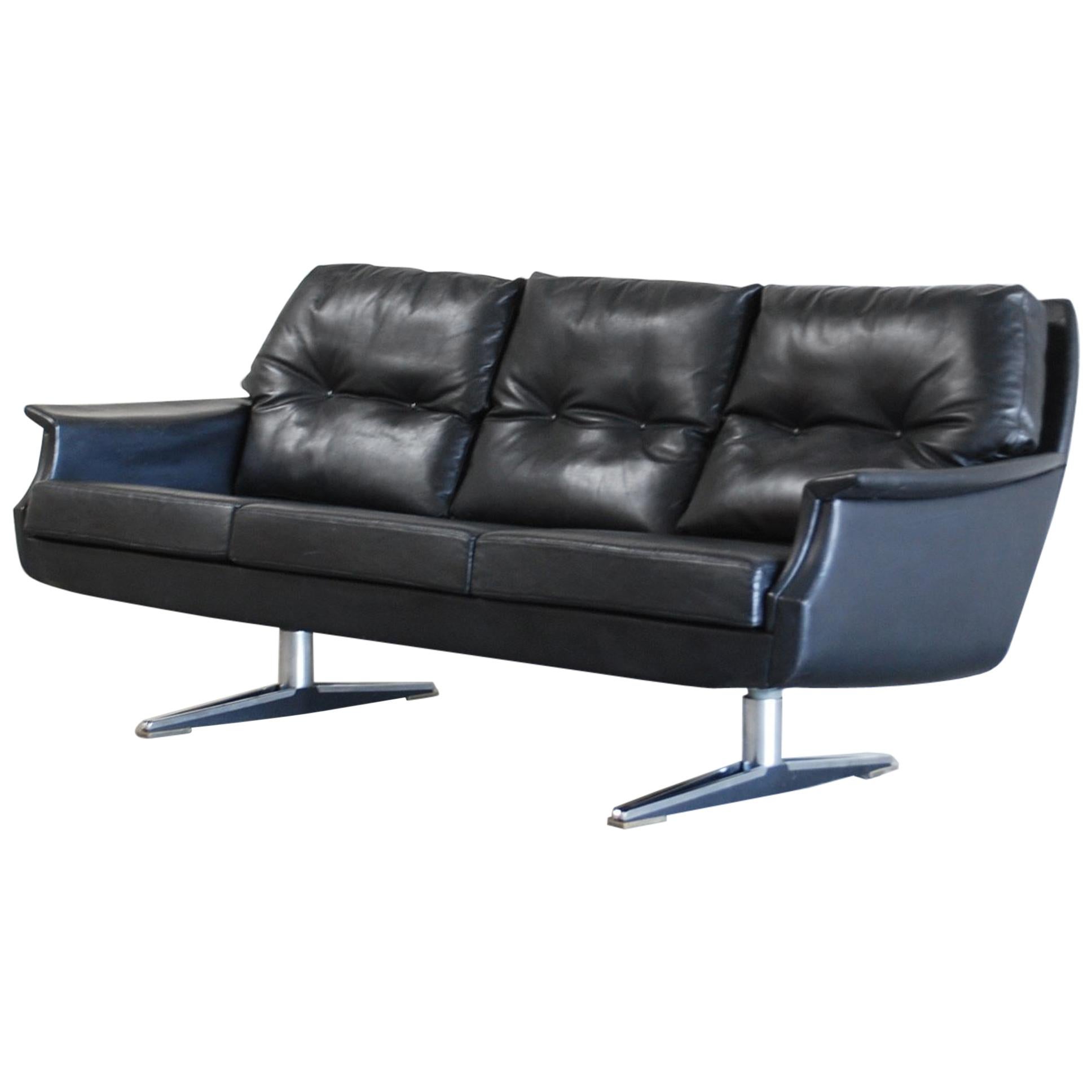 Vintage 1960s Design German Black Leather Sofa