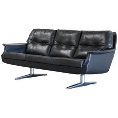 Vintage 1960s Design German Black Leather Sofa