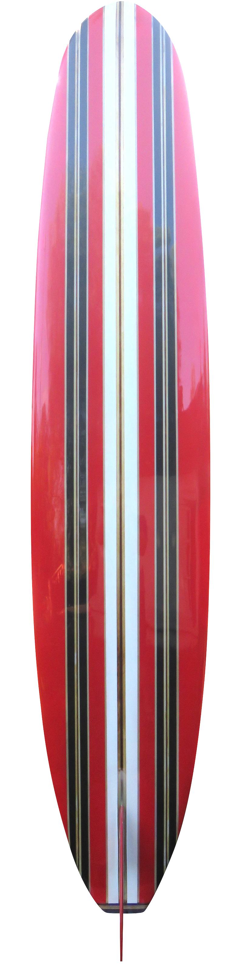 Early 1960s Dewey Weber longboard surfboard. Features beautiful tri-color panels with balsa and redwood reverse t-band center stringer, redwood outer stringers, and 5-piece wooden tail block. A superb example of a classic 1960s vintage longboard