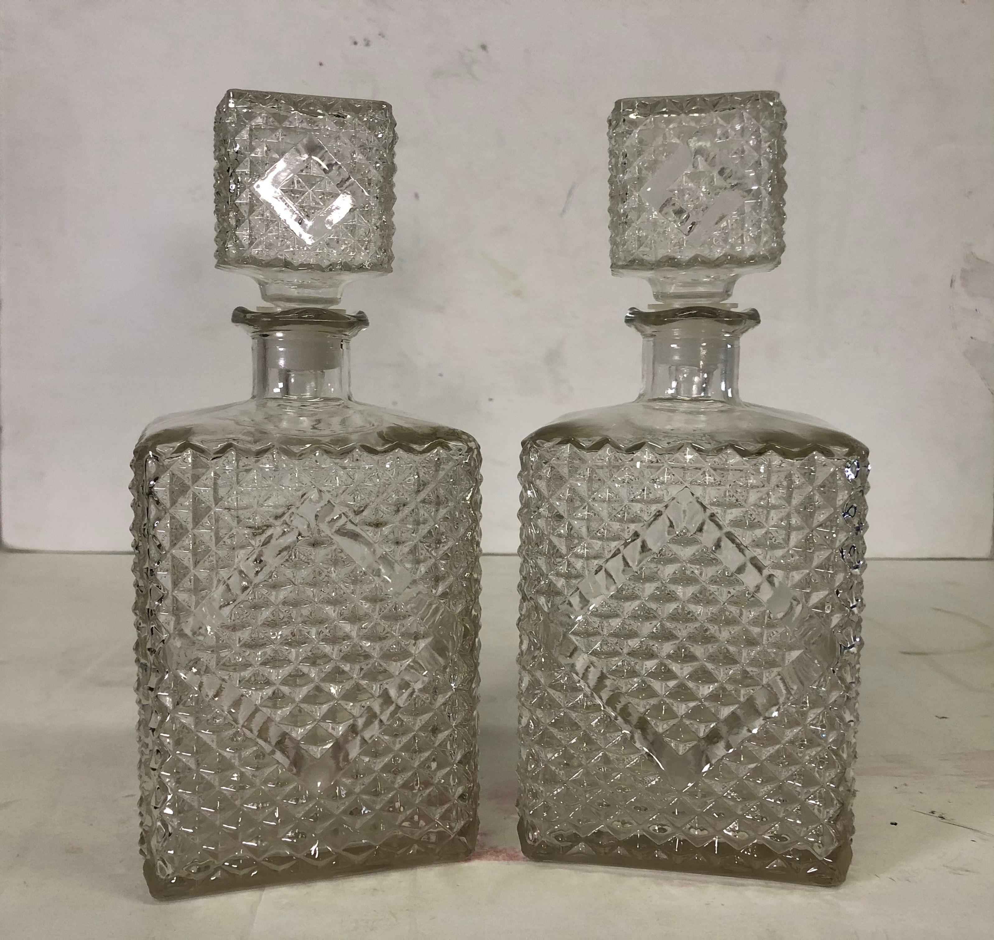 Vintage 1960s pair of square diamond accented glass decanters. No marks.