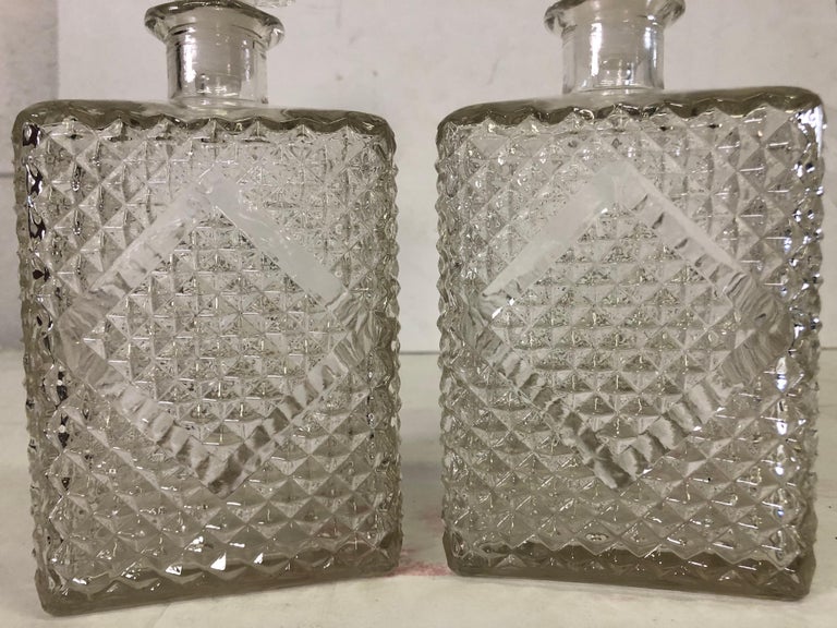 Vintage 1960s Diamond Accented Glass Decanters, Pair For Sale at