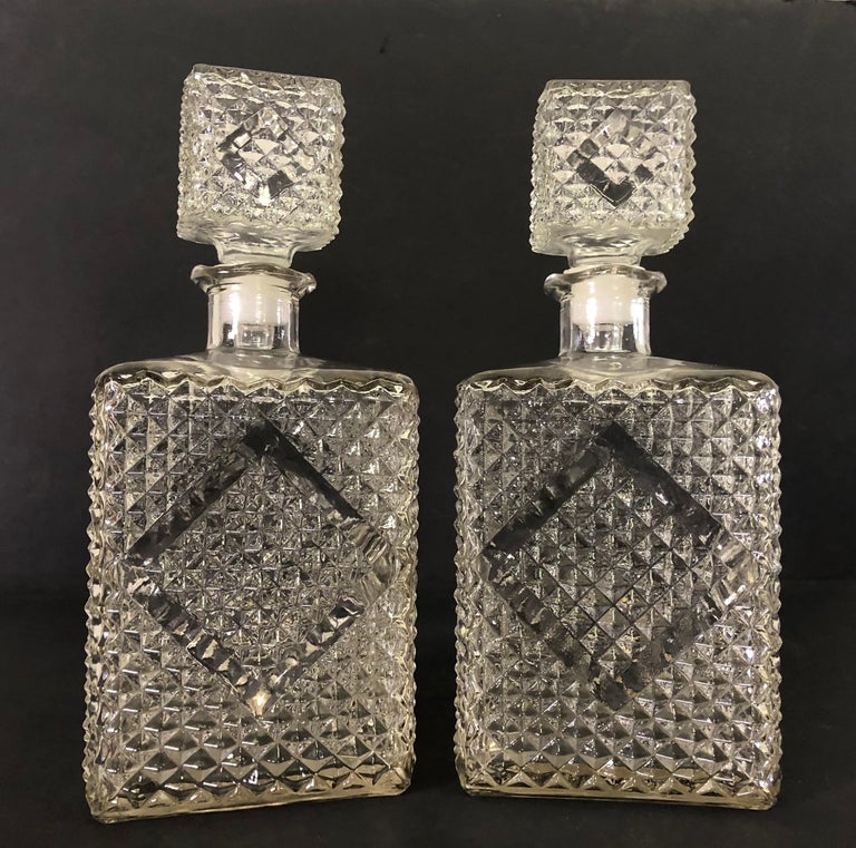 Vintage 1960s Diamond Accented Glass Decanters, Pair For Sale at