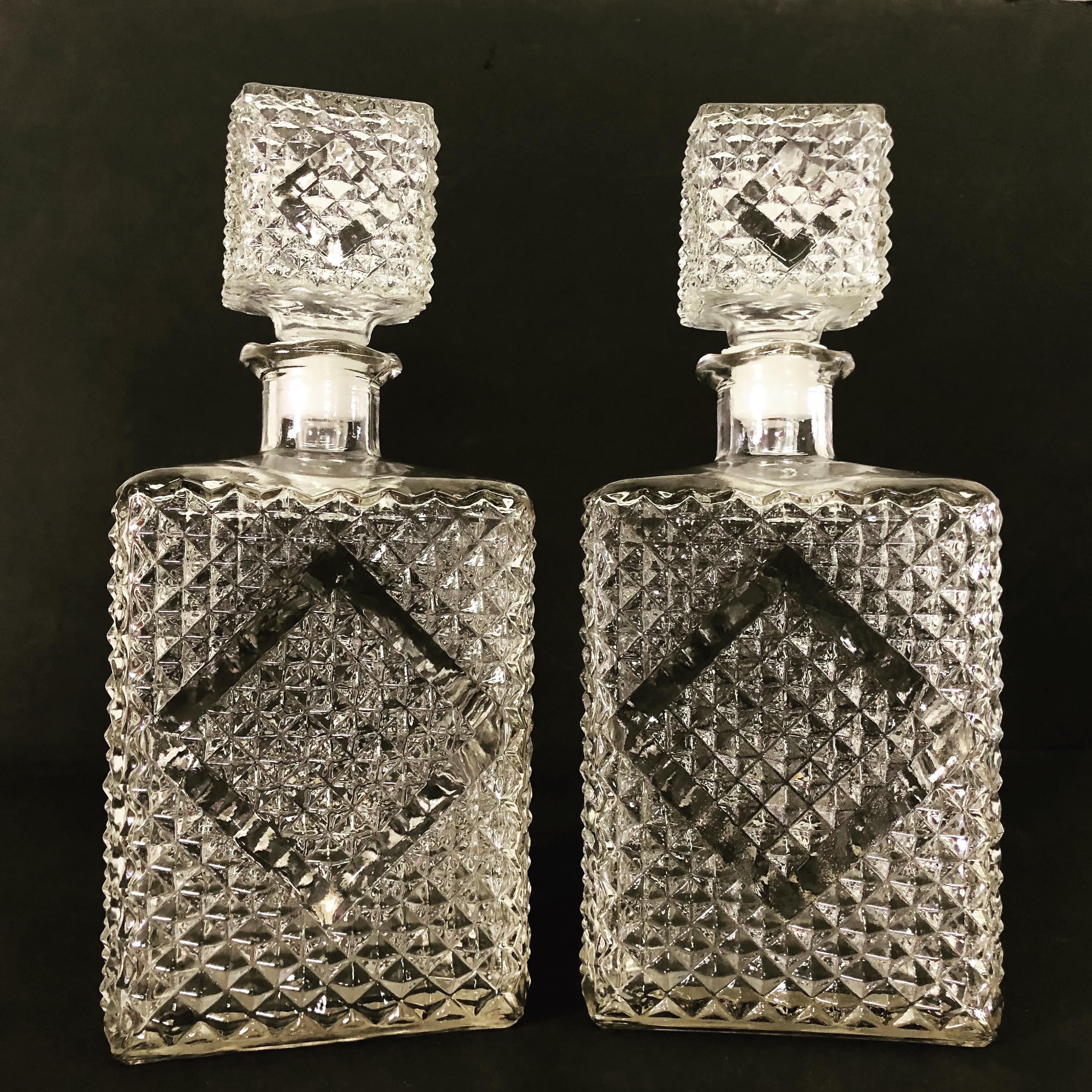 Mid-Century Modern Vintage 1960s Diamond Accented Glass Decanters, Pair For Sale