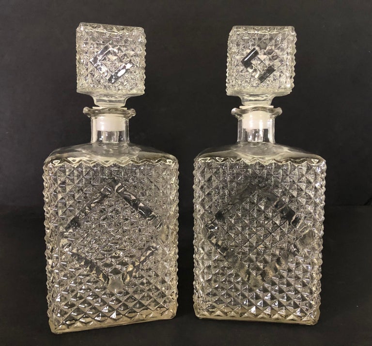 Vintage 1960s Diamond Accented Glass Decanters, Pair For Sale at