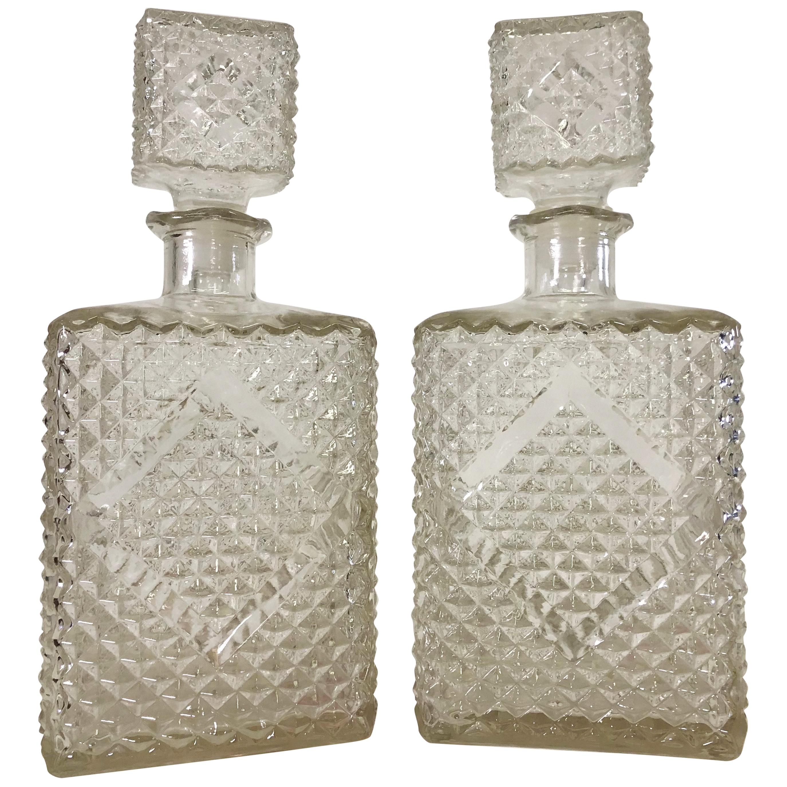 Vintage 1960s Diamond Accented Glass Decanters, Pair For Sale