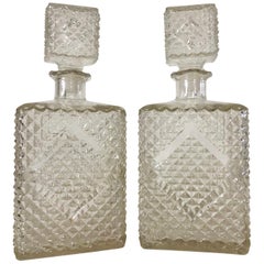 Vintage 1960s Diamond Accented Glass Decanters, Pair