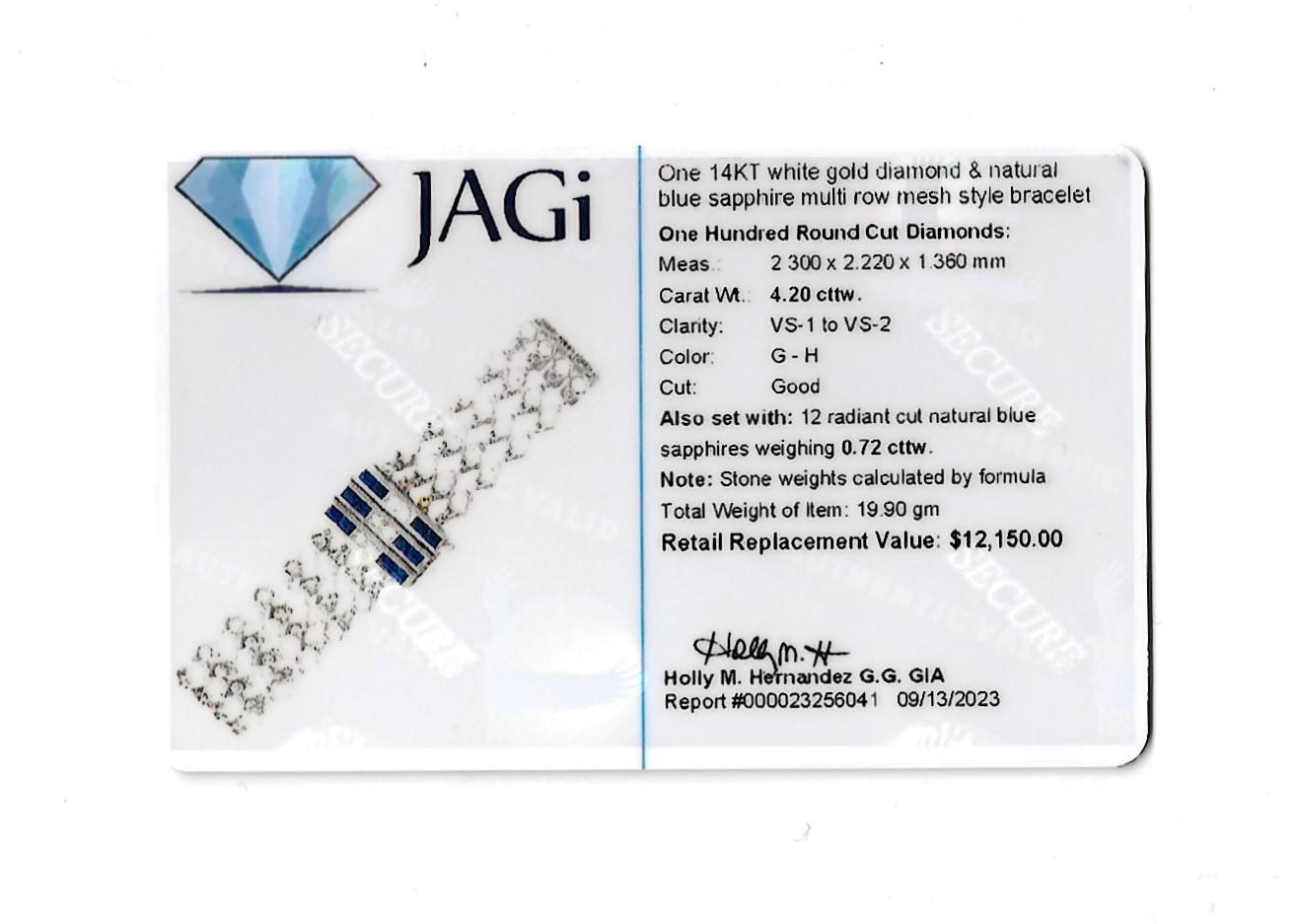 Vintage 1960's Diamond and Blue Sapphire Mesh Bracelet in 14 Karat White Gold For Sale 8