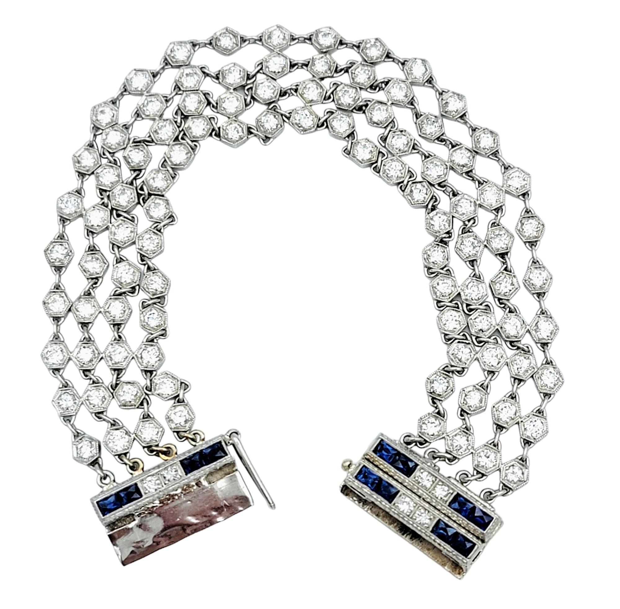 Contemporary Vintage 1960's Diamond and Blue Sapphire Mesh Bracelet in 14 Karat White Gold For Sale
