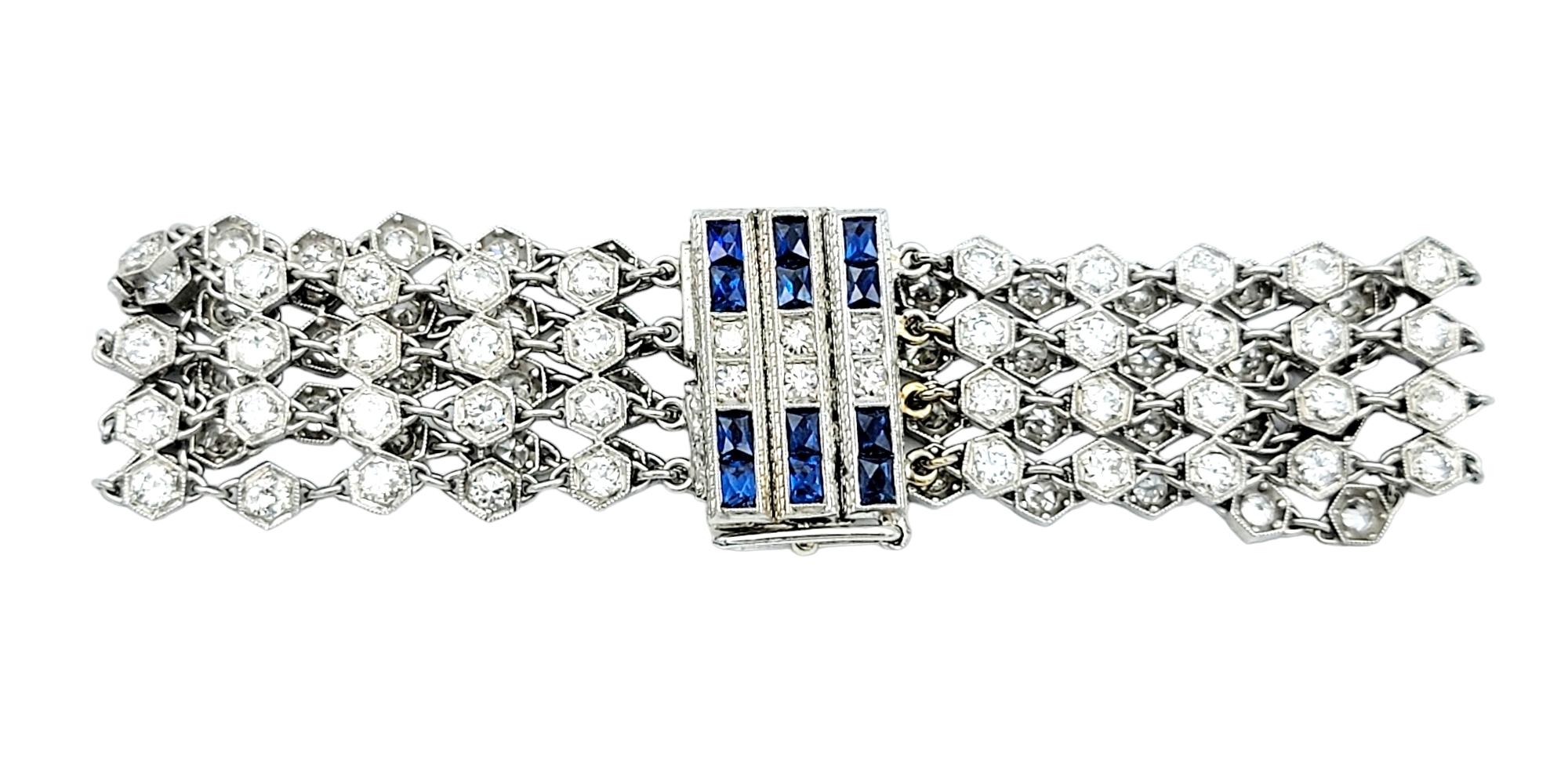 Round Cut Vintage 1960's Diamond and Blue Sapphire Mesh Bracelet in 14 Karat White Gold For Sale