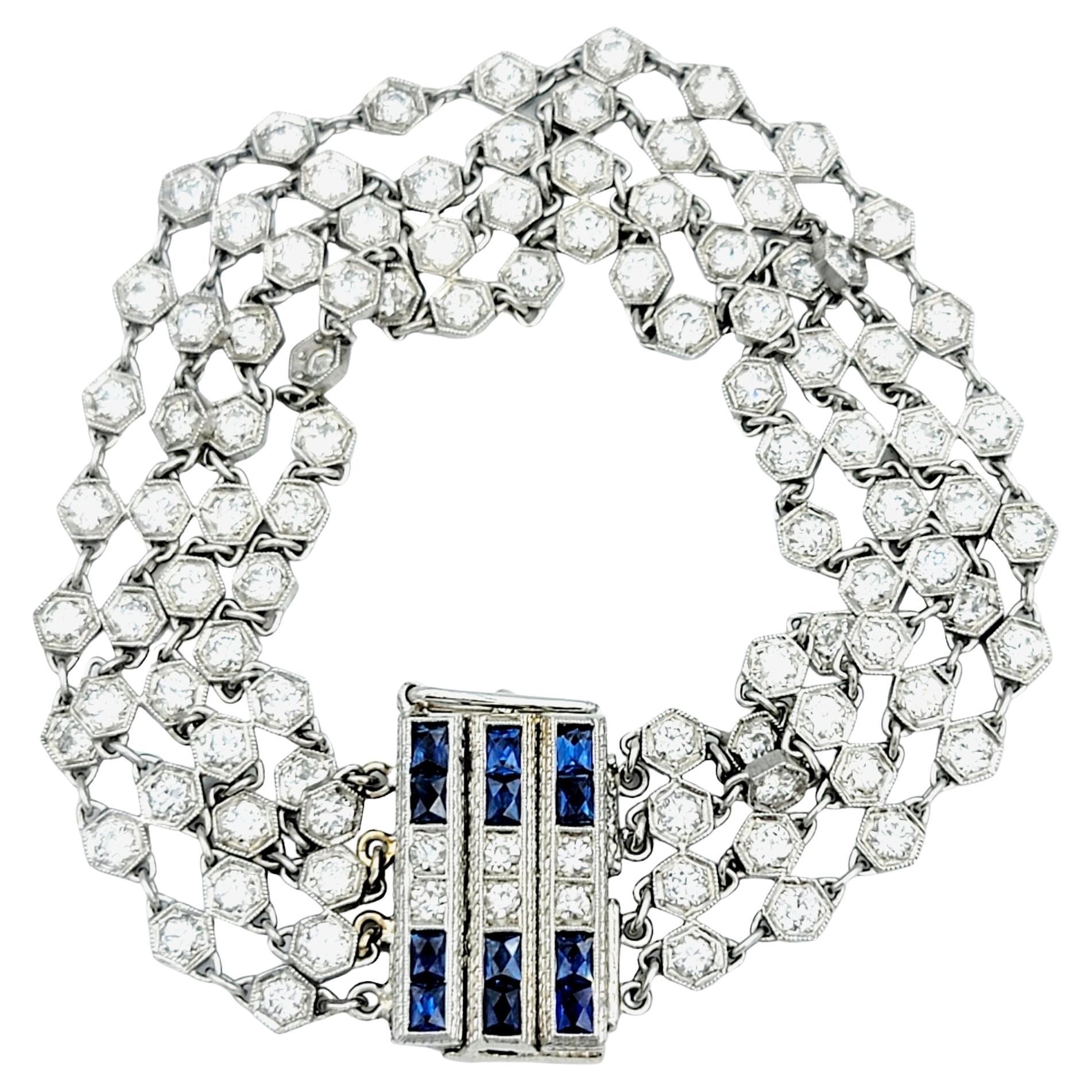 Vintage 1960's Diamond and Blue Sapphire Mesh Bracelet in 14 Karat White Gold For Sale