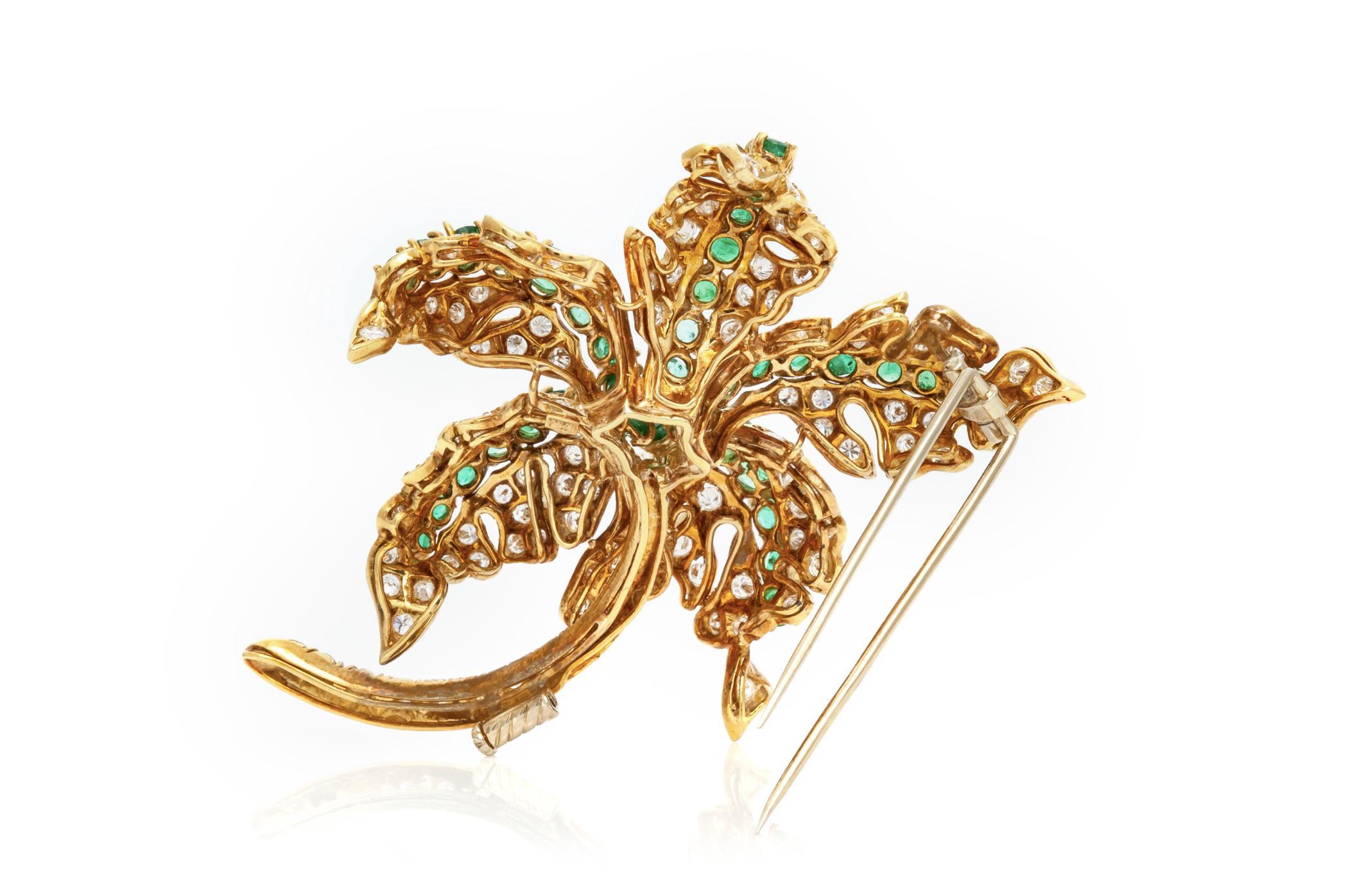 Taille ronde Broche palmier en diamants et émeraudes Vintage 1960 en vente