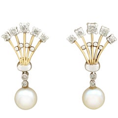 Vintage 1960s Diamond and Pearl Yellow Gold Drop Earrings