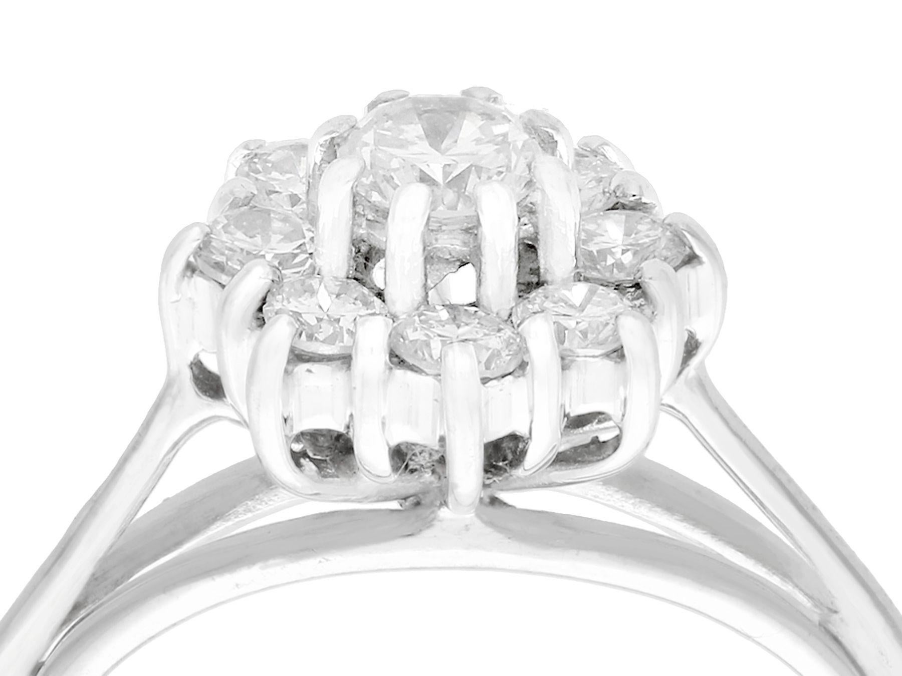 An impressive vintage 1960s 0.76 carat diamond and 18 karat white gold cluster style cocktail ring; part of our diverse vintage jewelry and estate jewelry collections

This fine and impressive vintage diamond ring has been crafted in 18k white